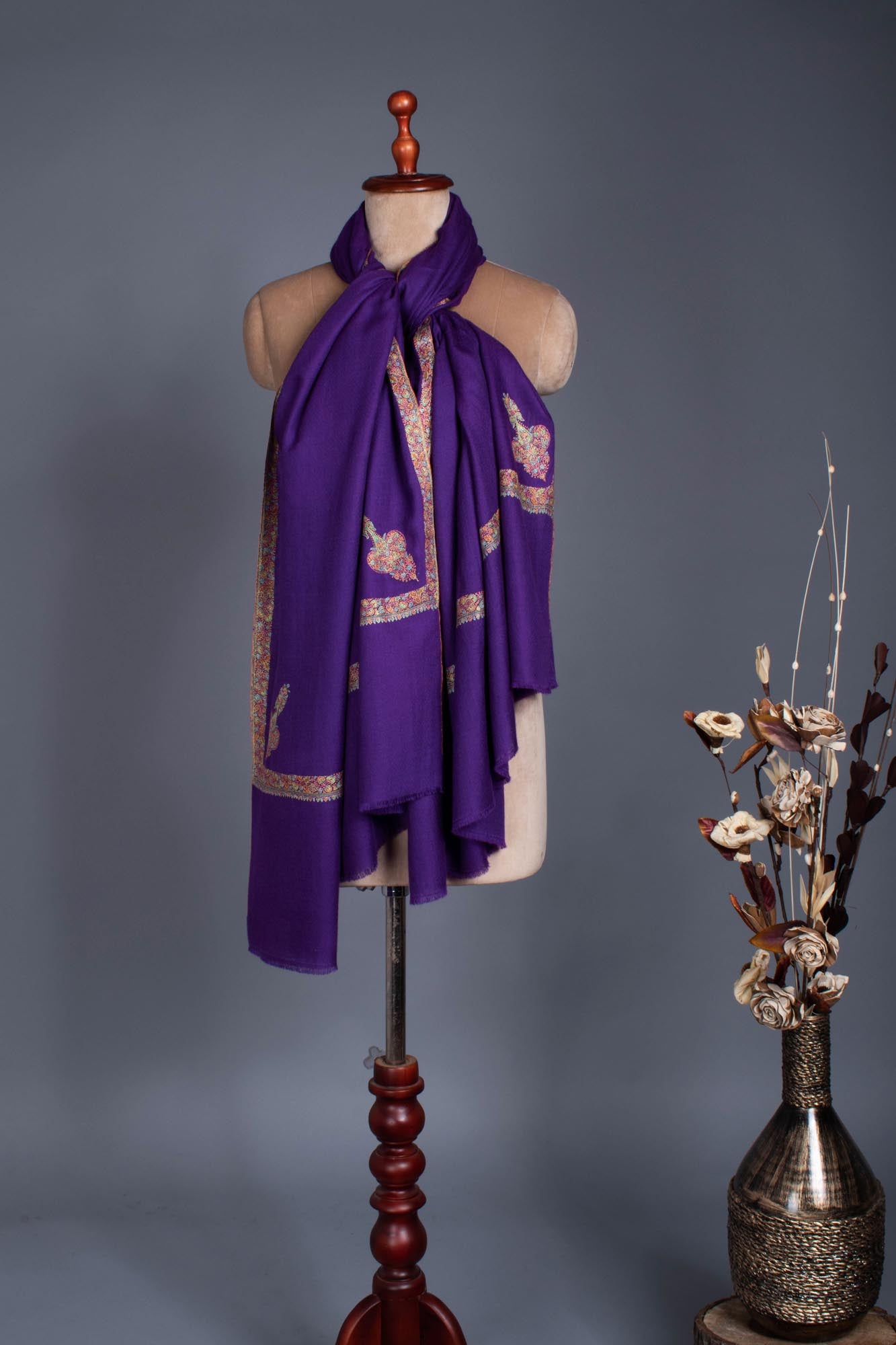 Purple Artisitic Embroidered Pashmina Wrap - BEVERLEY