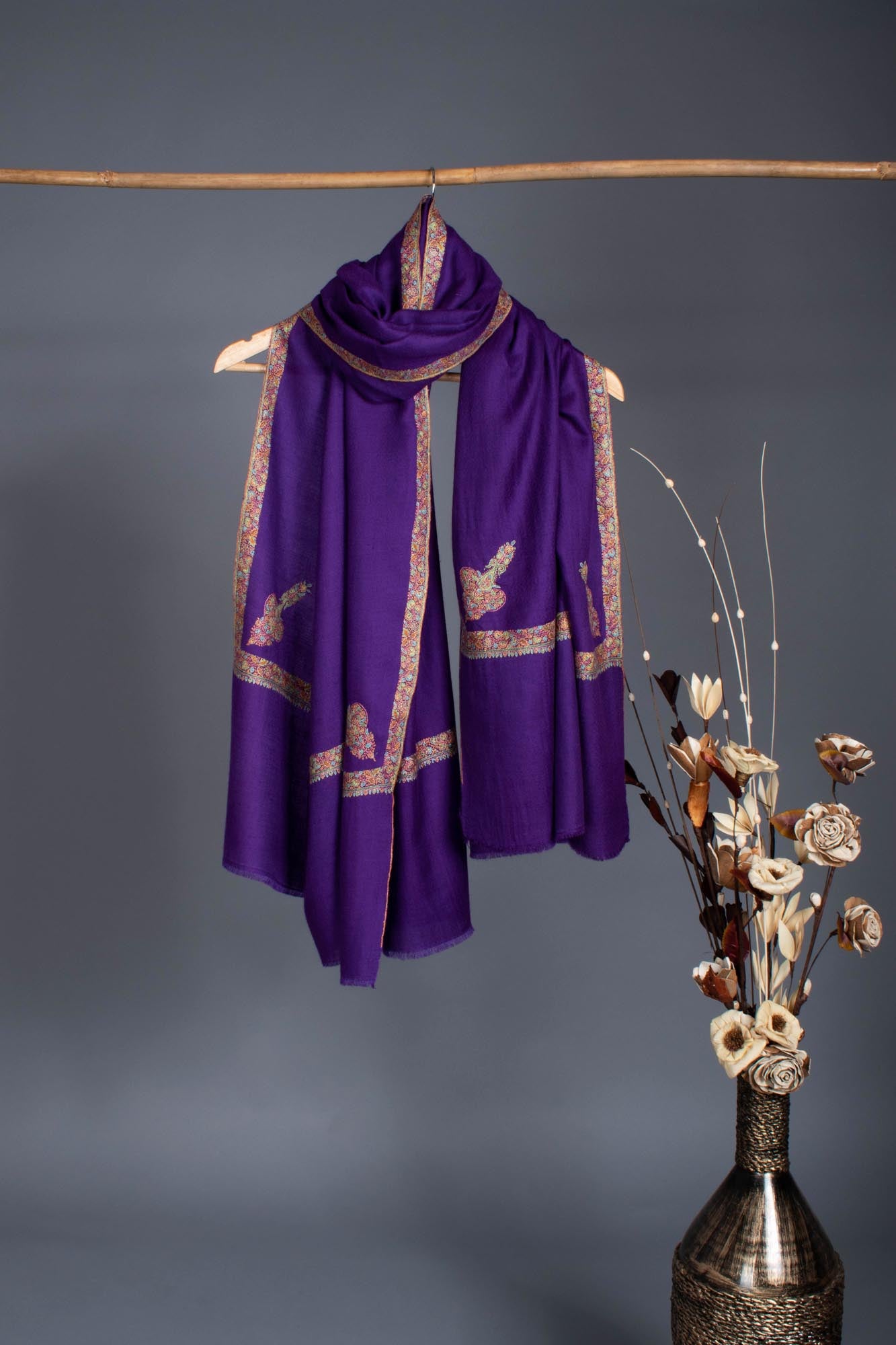 Purple Artisitic Embroidered Pashmina Wrap - BEVERLEY