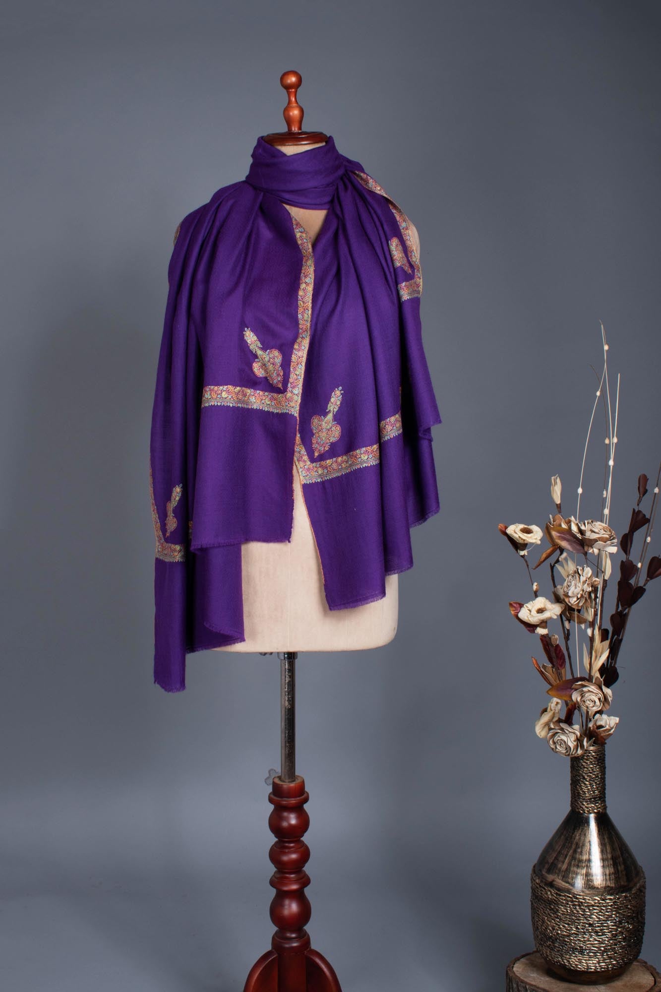 Purple Artisitic Embroidered Pashmina Wrap - BEVERLEY