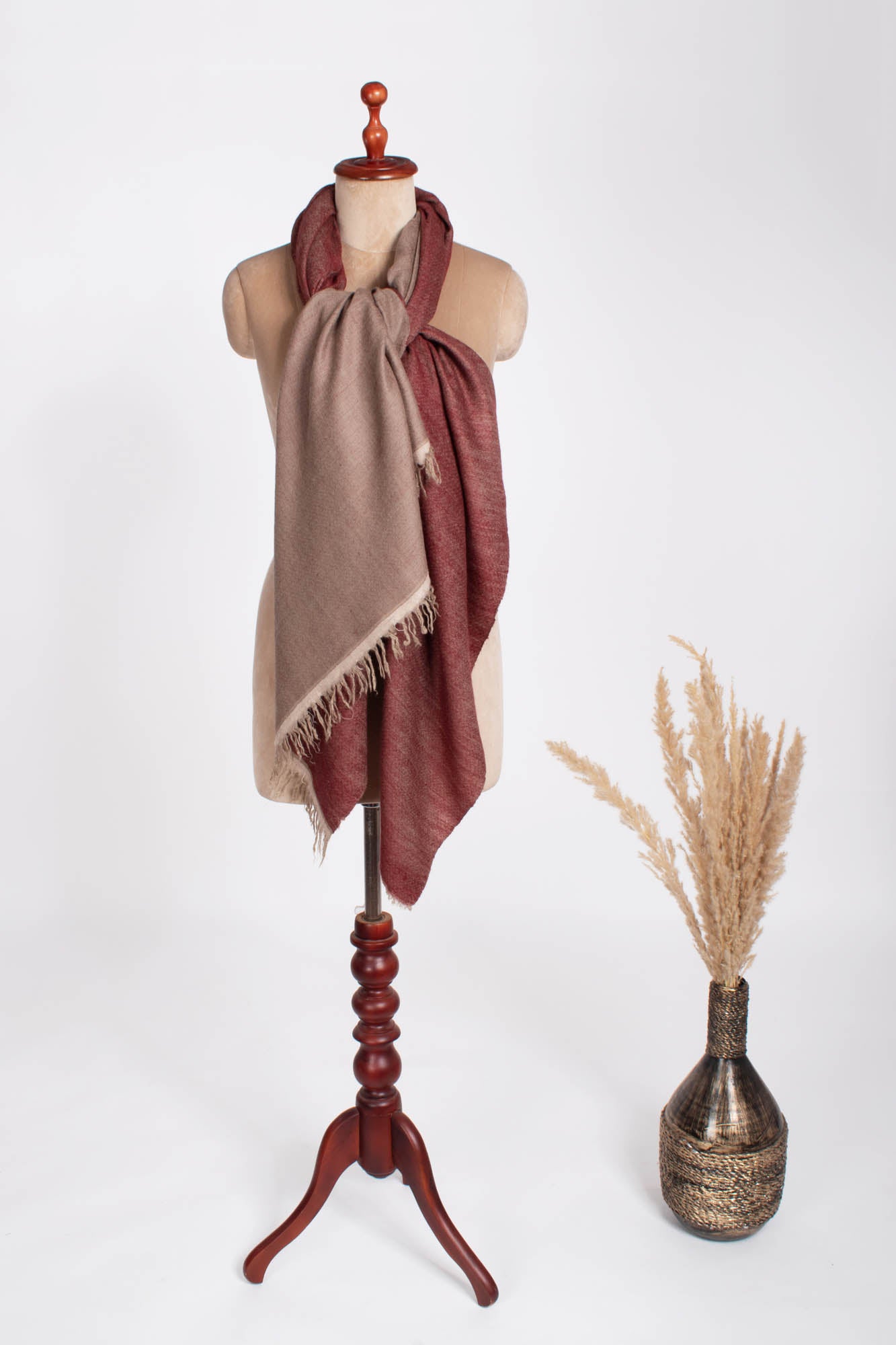 Châle Pashmina double teinte rouge et beige filé à la main - PRESCOTT