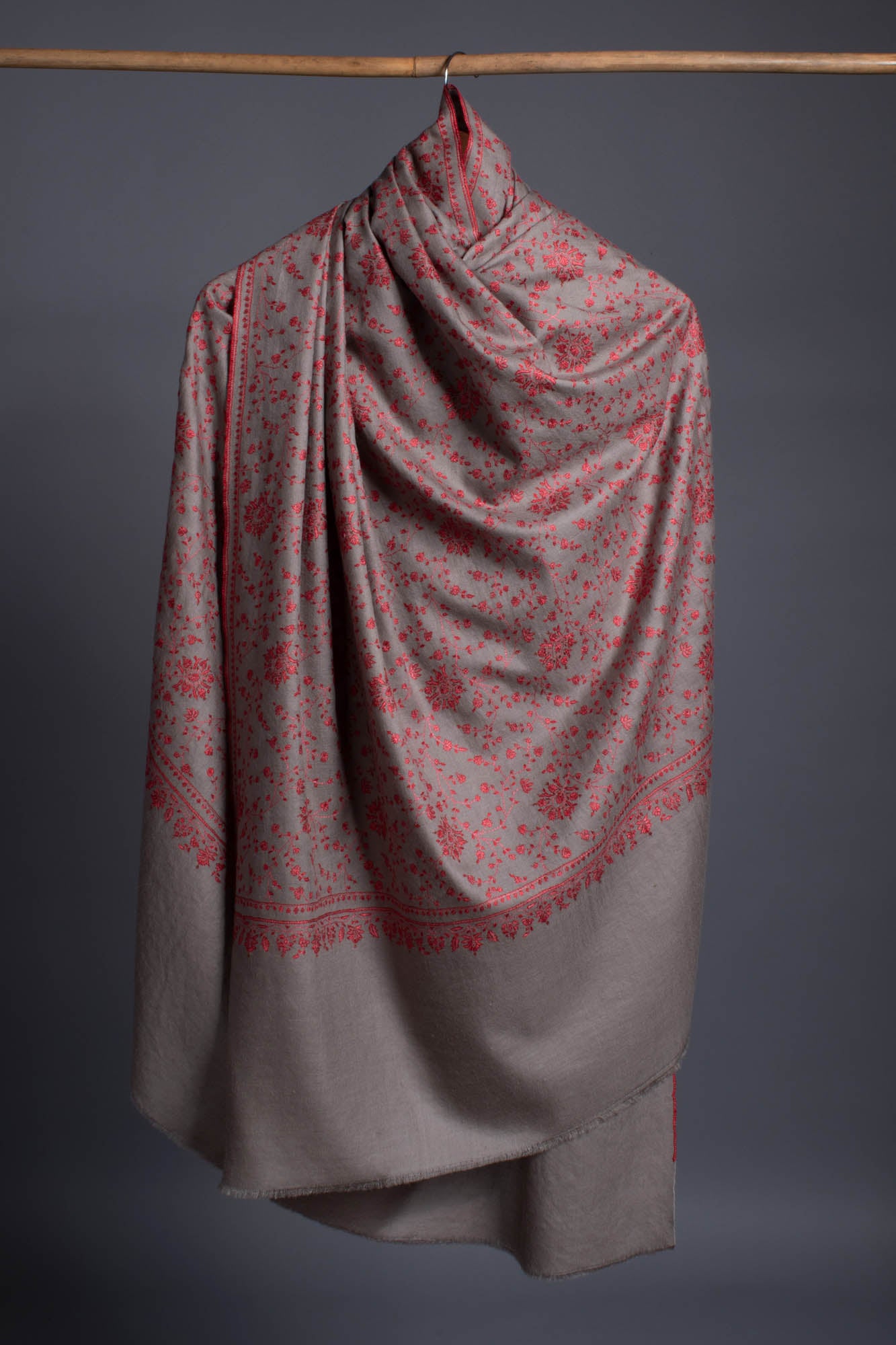 Crimson Red Sozni Embroidered on Gray Pashmina Shawl - CONGLETON