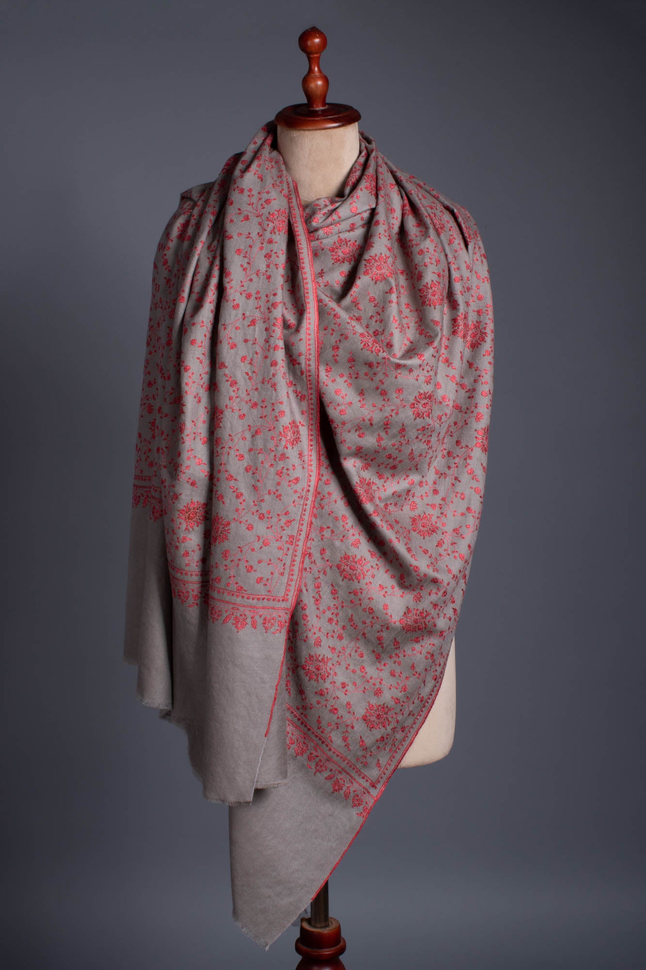 Crimson Red Sozni Embroidered on Gray Pashmina Shawl - CONGLETON