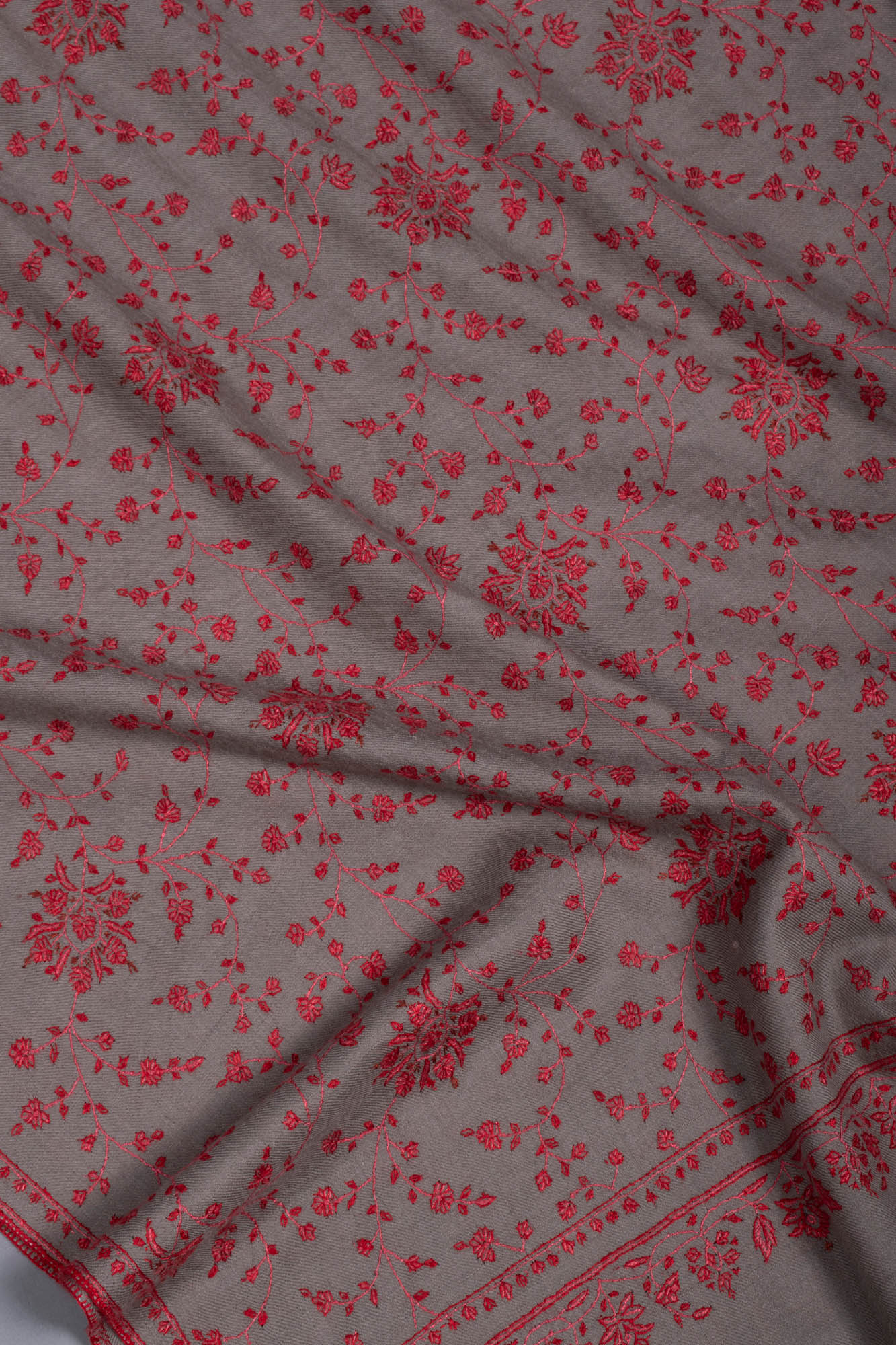 Crimson Red Sozni Embroidered on Gray Pashmina Shawl - CONGLETON