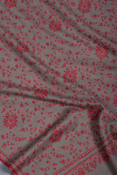 Crimson Red Sozni Embroidered on Gray Pashmina Shawl - CONGLETON