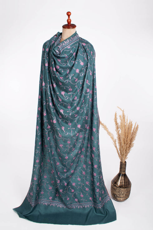 Teal Color Hand Embroidered Pashmina Shawl - SKAGWAY