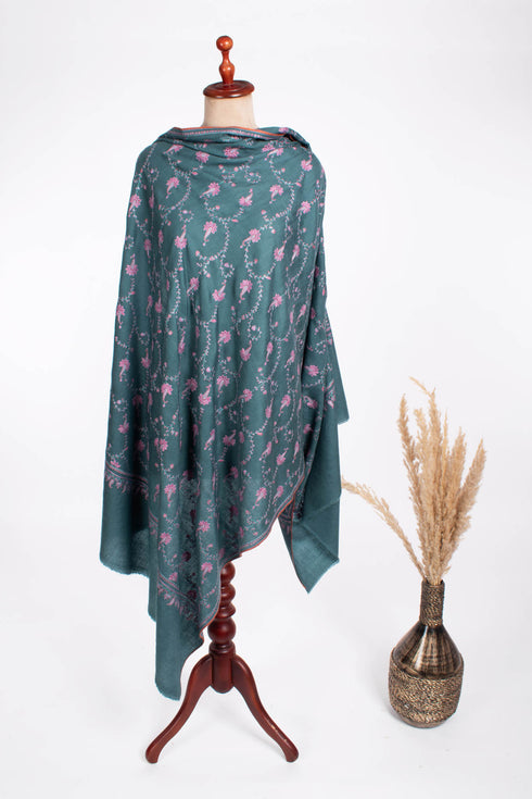 Teal Color Hand Embroidered Pashmina Shawl - SKAGWAY