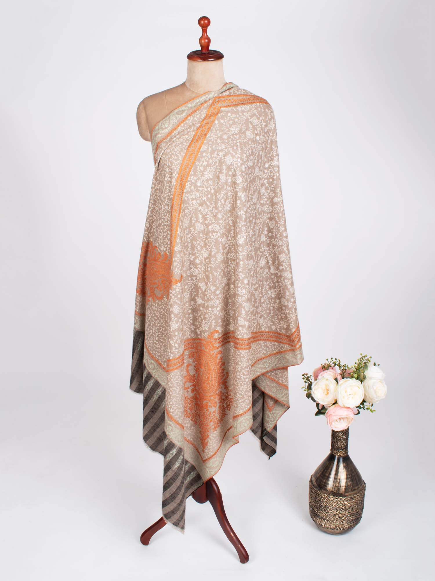 Black Gray Embroidered Evening Pashmina Shawl - CASPER