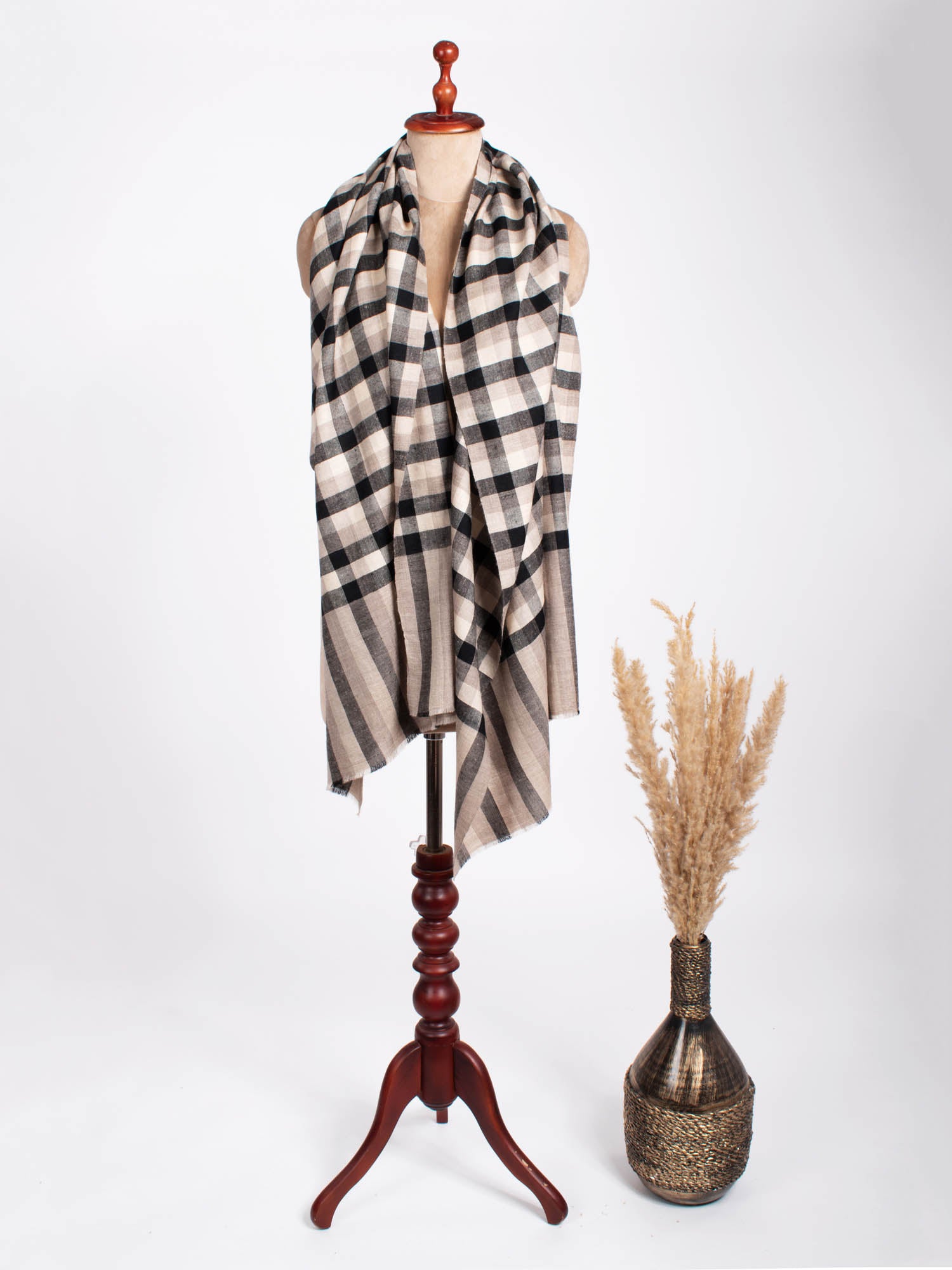 Beige, Black, and White Checkered Cashmere Pashmina Scarf - PONTIAC