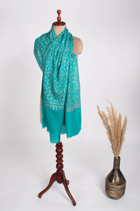 Turquoise Embroidered Women Cashmere Scarf - NOME