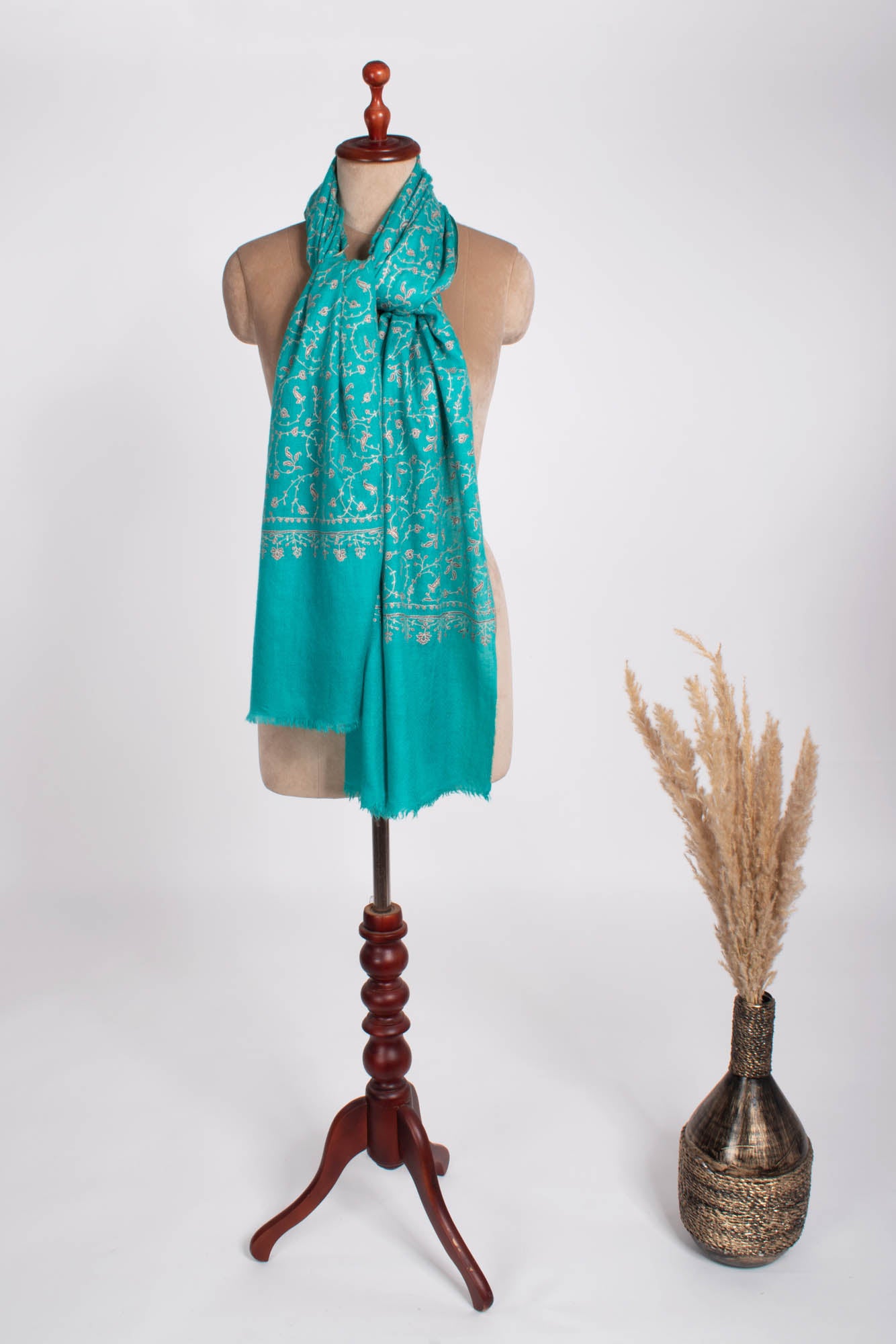 Turquoise Embroidered Women Cashmere Scarf - NOME