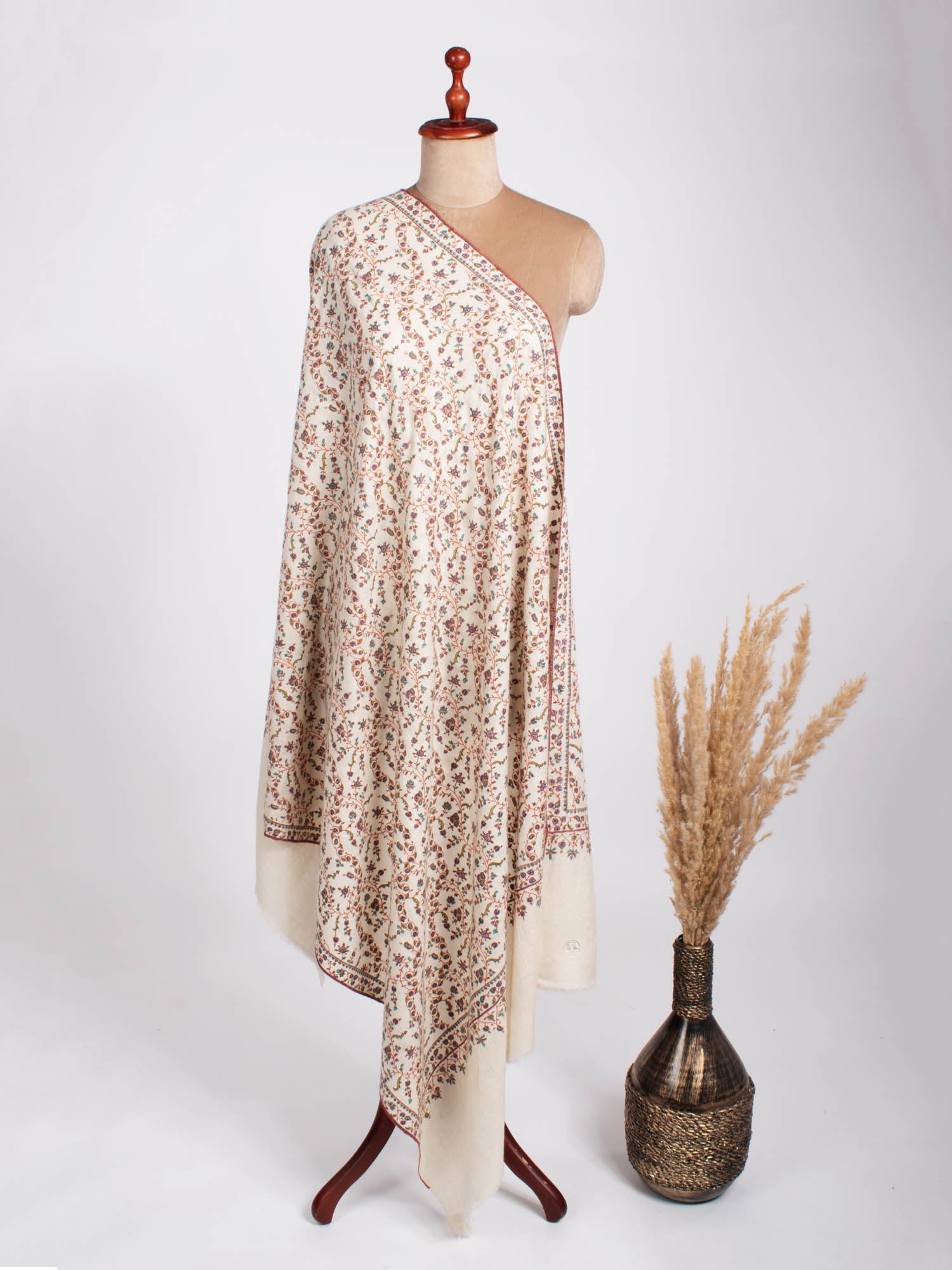 Ivory Purmatan Fine Embroidered Pashmina Shawl - LAIE