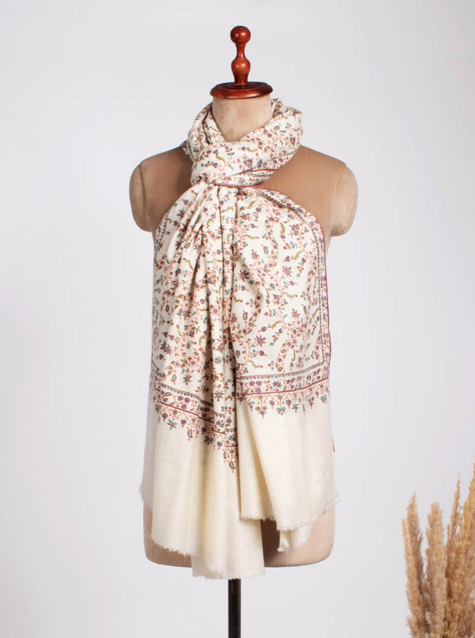 Ivory Purmatan Fine Embroidered Pashmina Shawl - LAIE