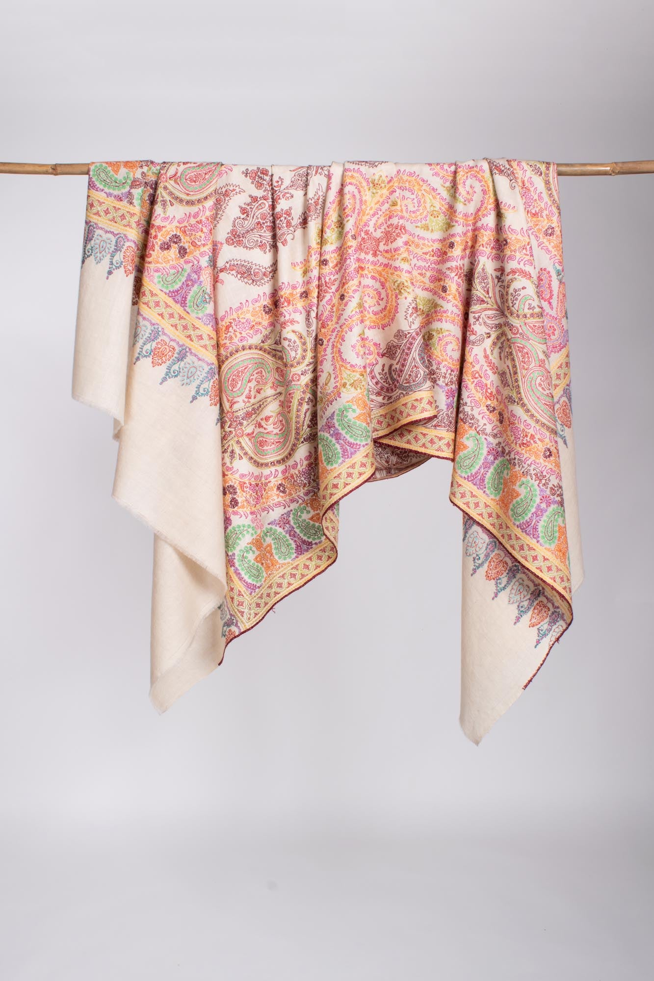 Ivory Hand Embroidered Kashmiri Pashmina Shawl - ATMORE