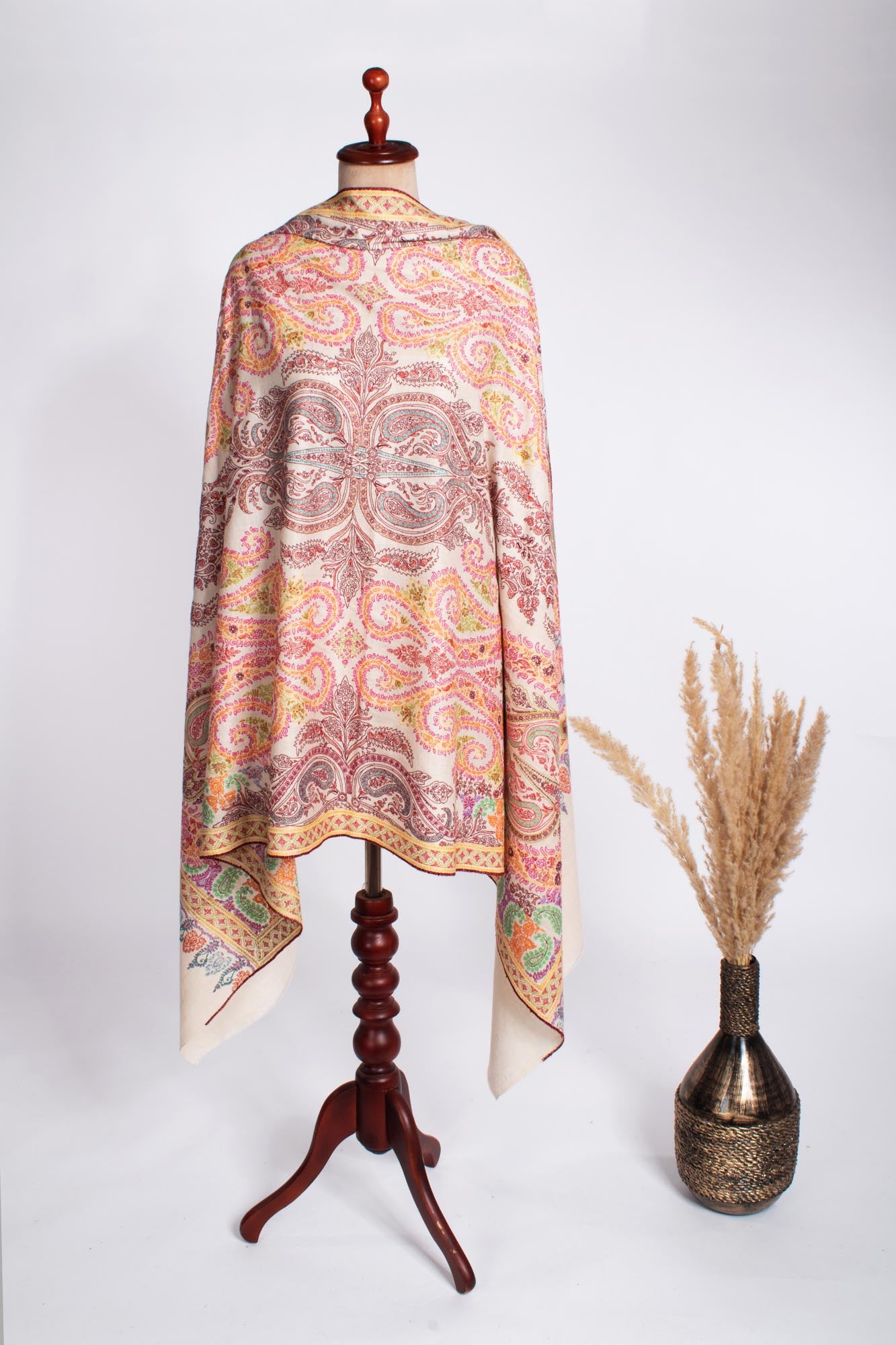 Ivory Hand Embroidered Kashmiri Pashmina Shawl - ATMORE