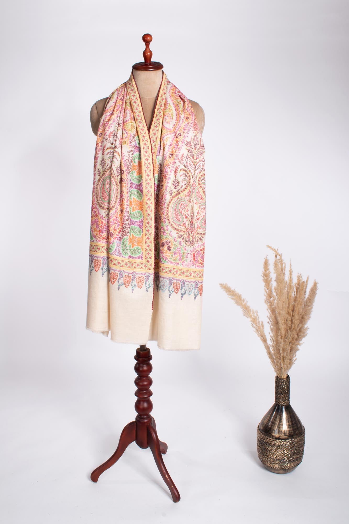 Ivory Hand Embroidered Kashmiri Pashmina Shawl - ATMORE