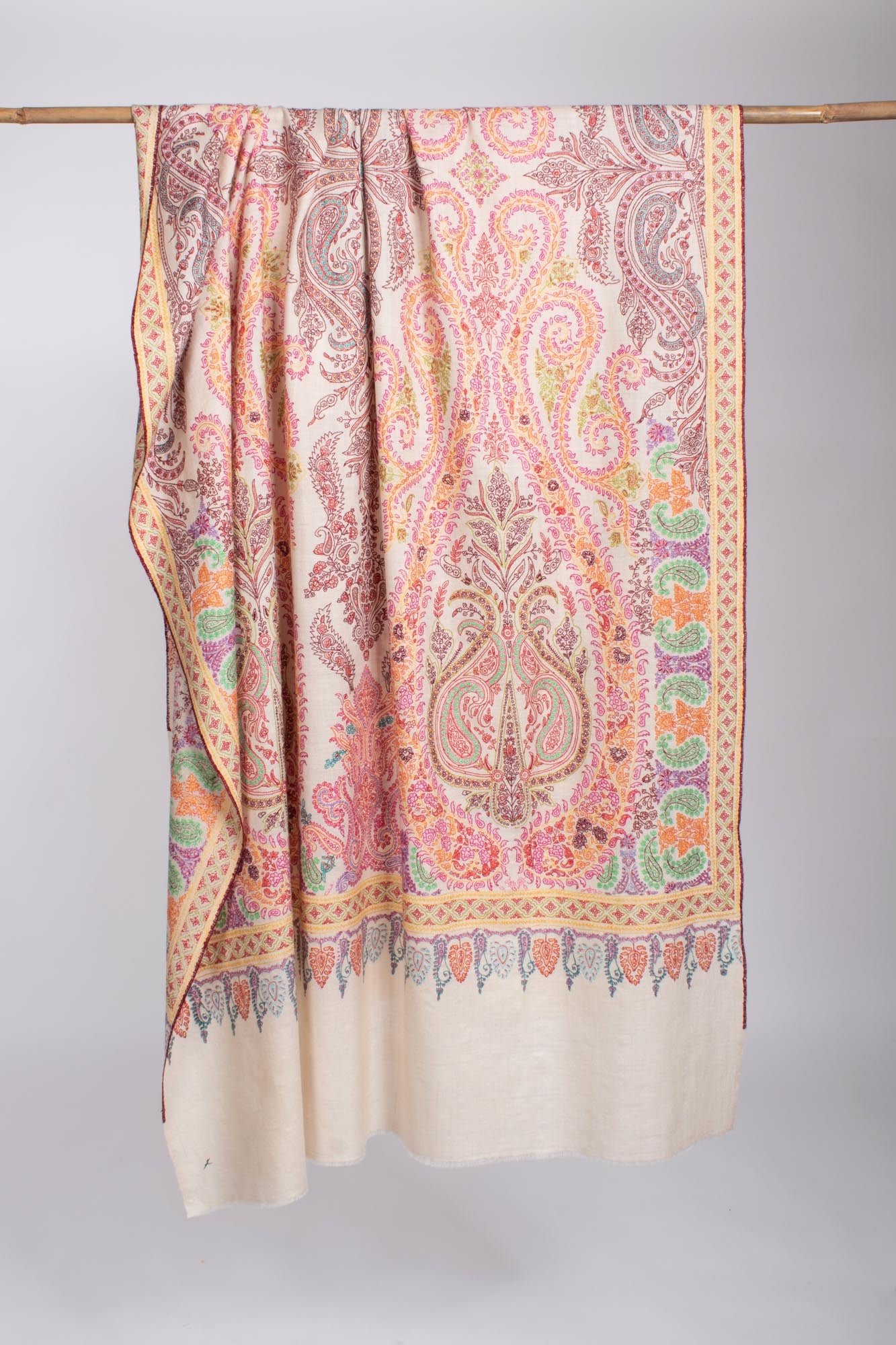 Ivory Hand Embroidered Kashmiri Pashmina Shawl - ATMORE