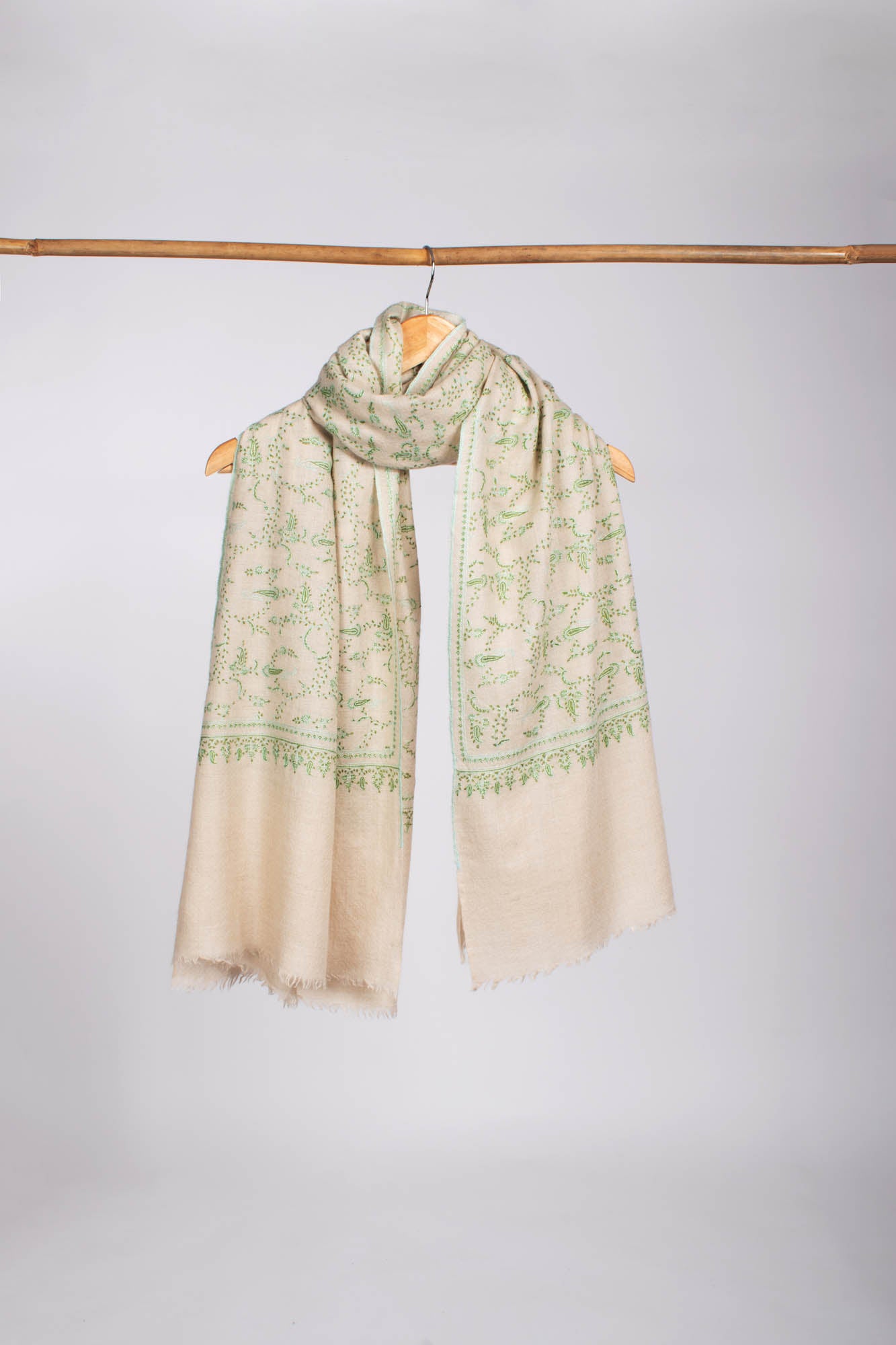 White Kashmiri Pashmina Shawl in Green Embroidery