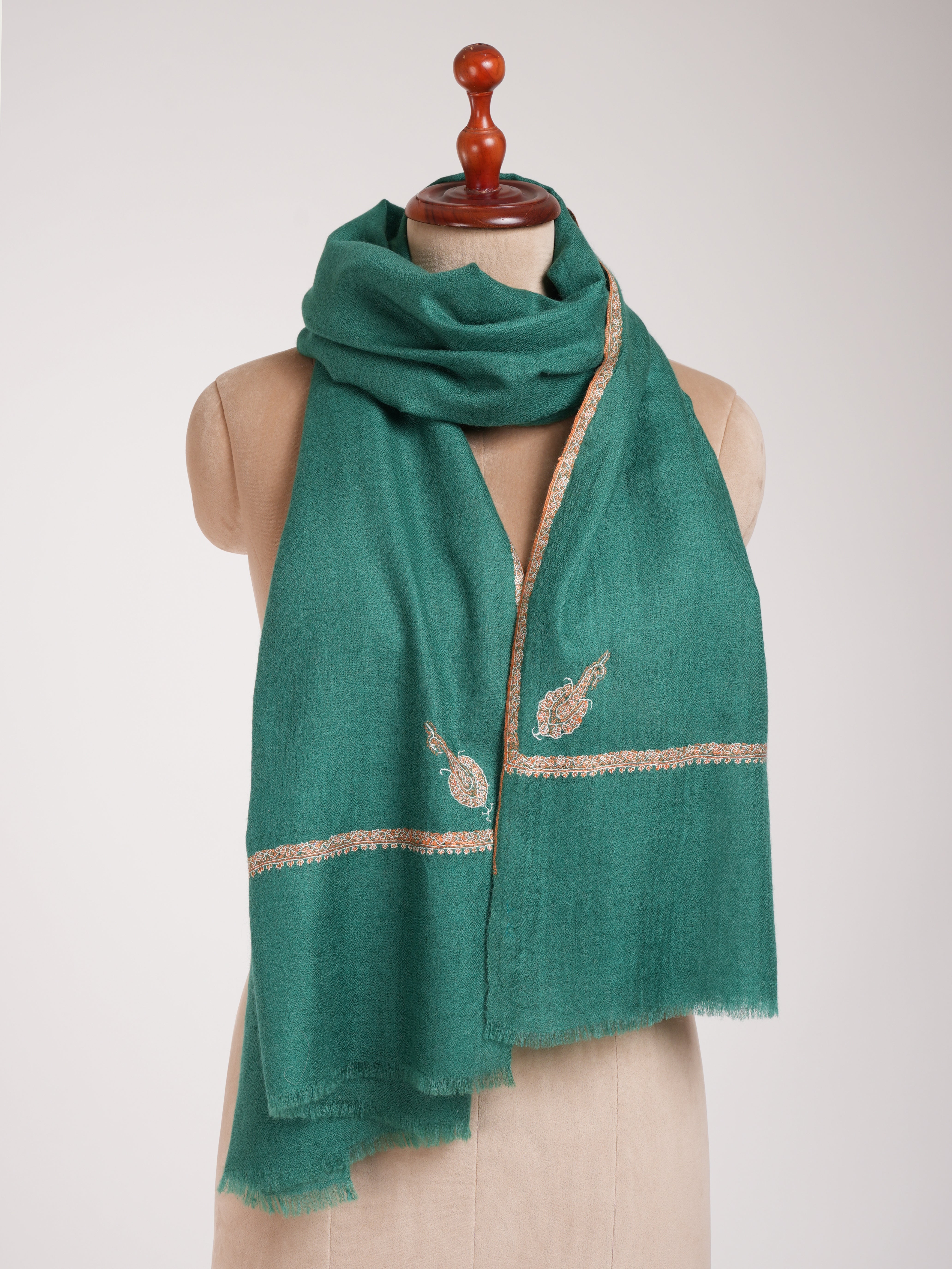 Teal Minimalistic Embroidered Cashmere Pashmina Scarf