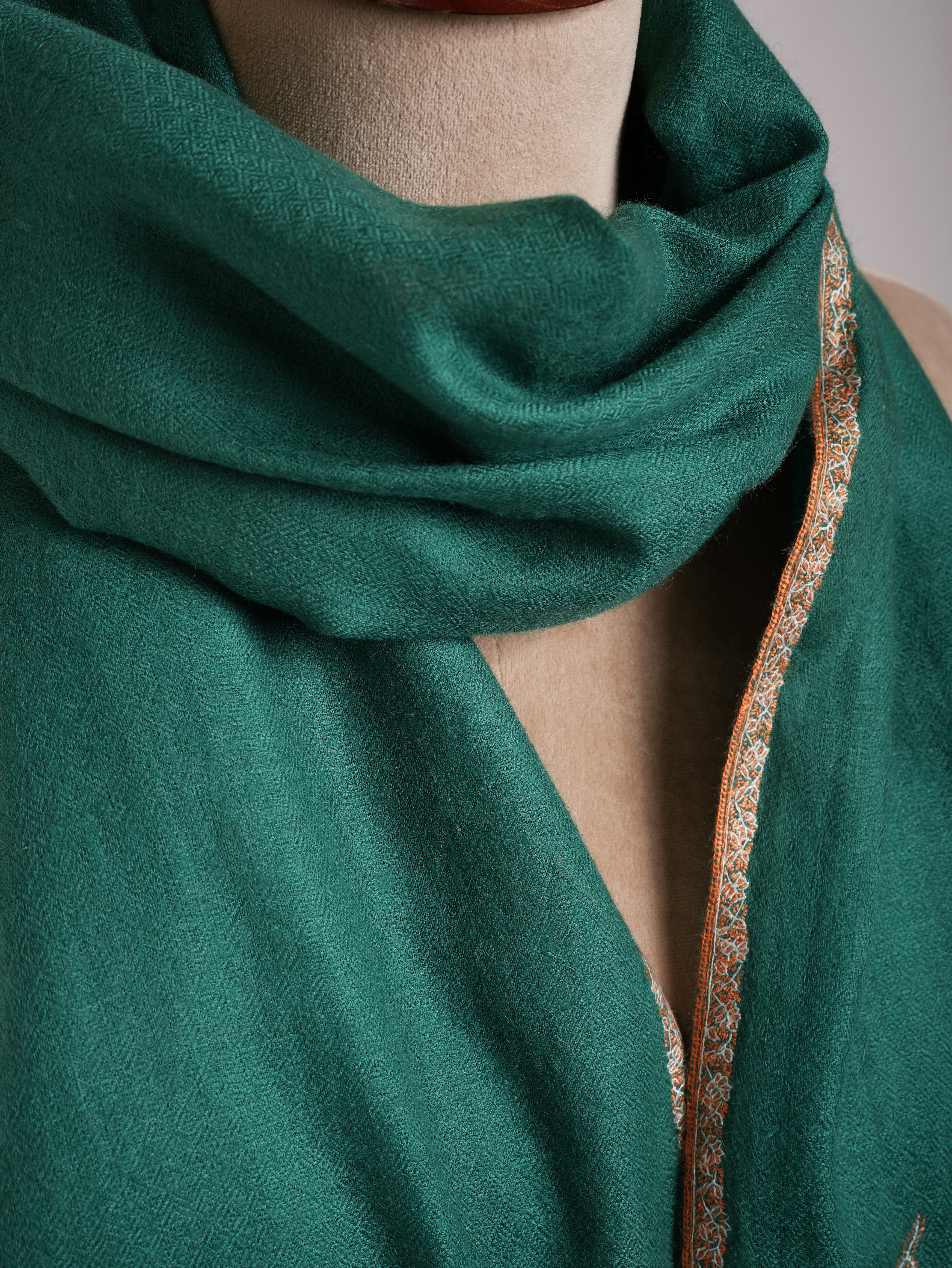 Teal Minimalistic Embroidered Cashmere Pashmina Scarf