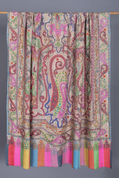 Artistically Adorned Hand-Painted Hook Embroidered Paisley | Pashmina