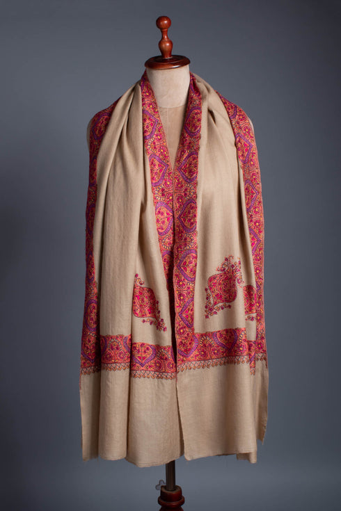 Beige Hand Embroidered Woolen Shawl - KAMRAN