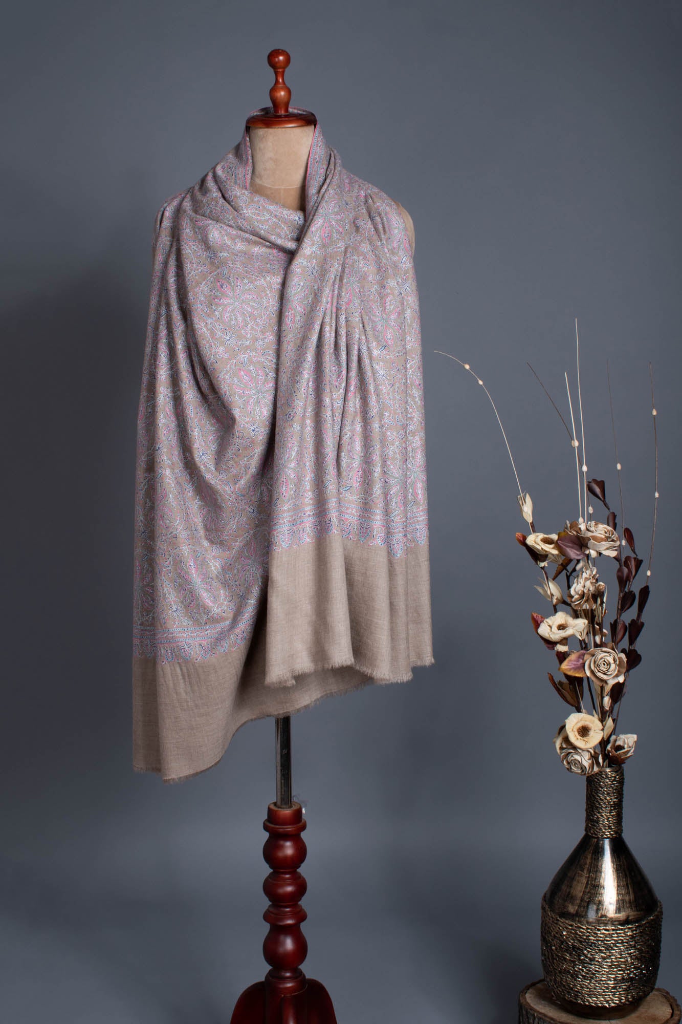 Blue and Beige Pure Pashmina Shawl With Sozni Embroidery - EDMONTON