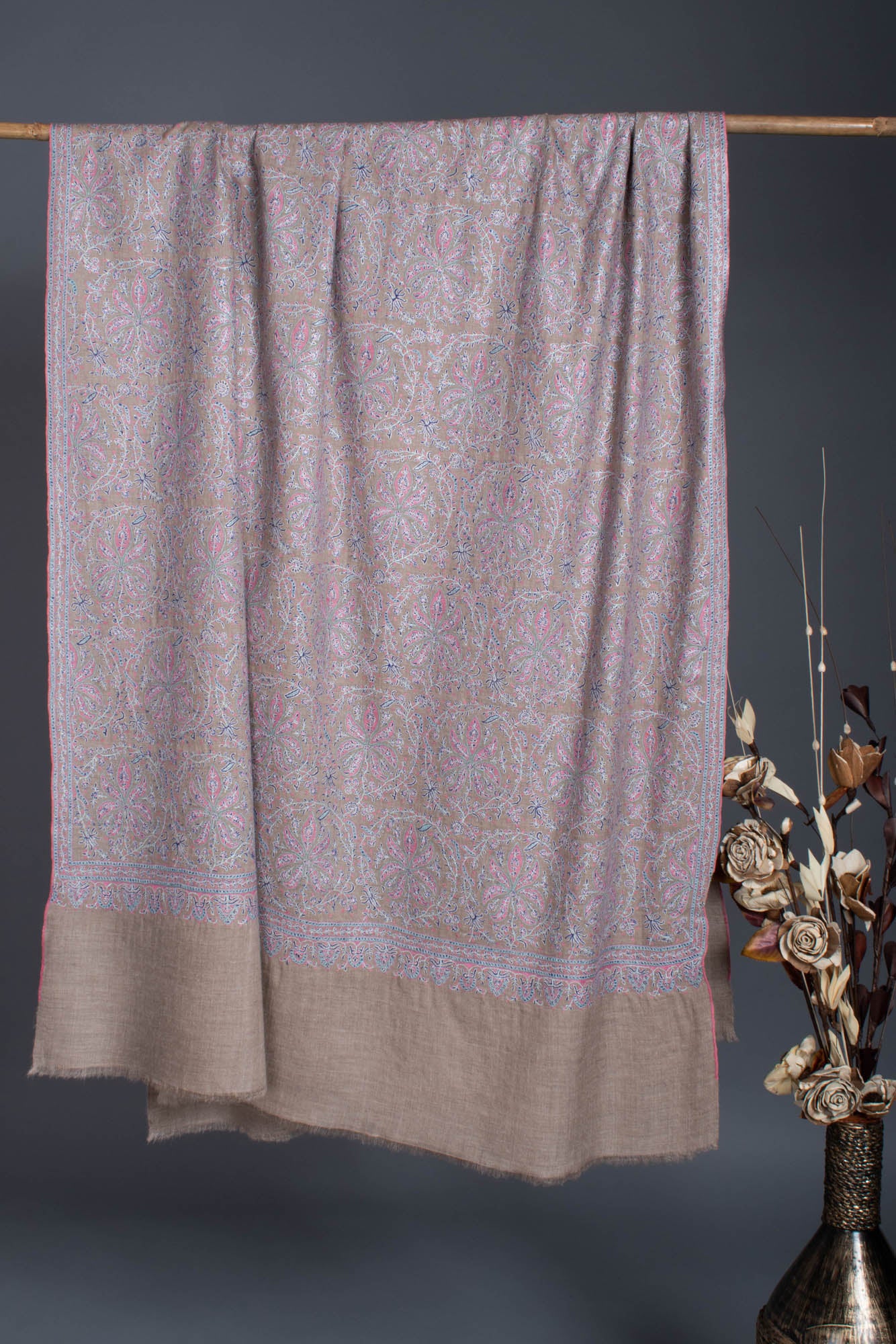 Blue and Beige Pure Pashmina Shawl With Sozni Embroidery - EDMONTON