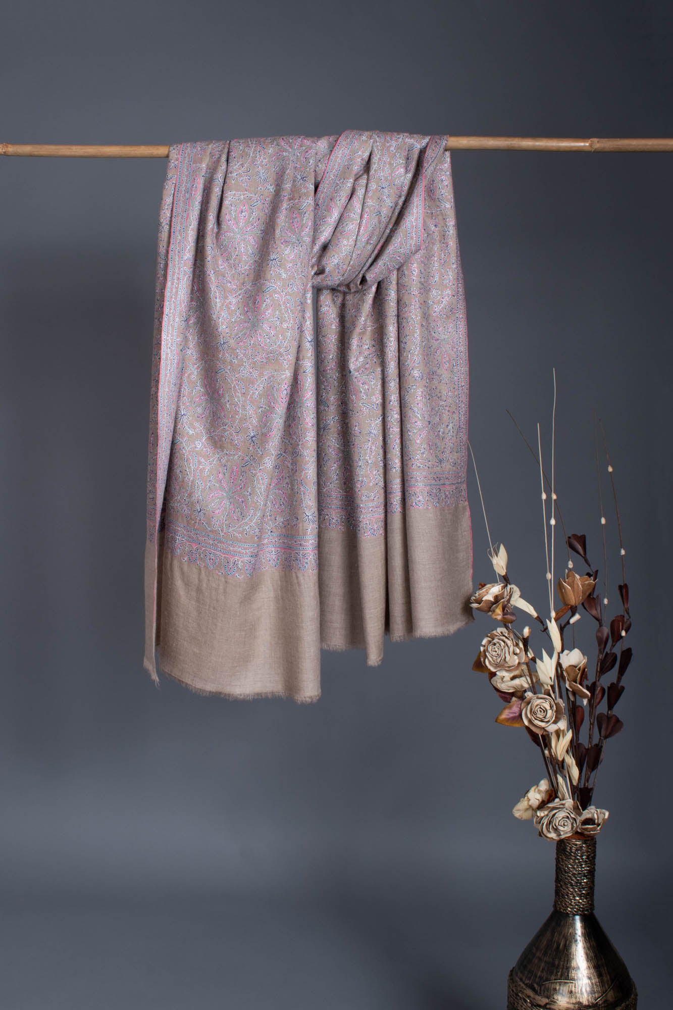 Blue and Beige Pure Pashmina Shawl With Sozni Embroidery - EDMONTON