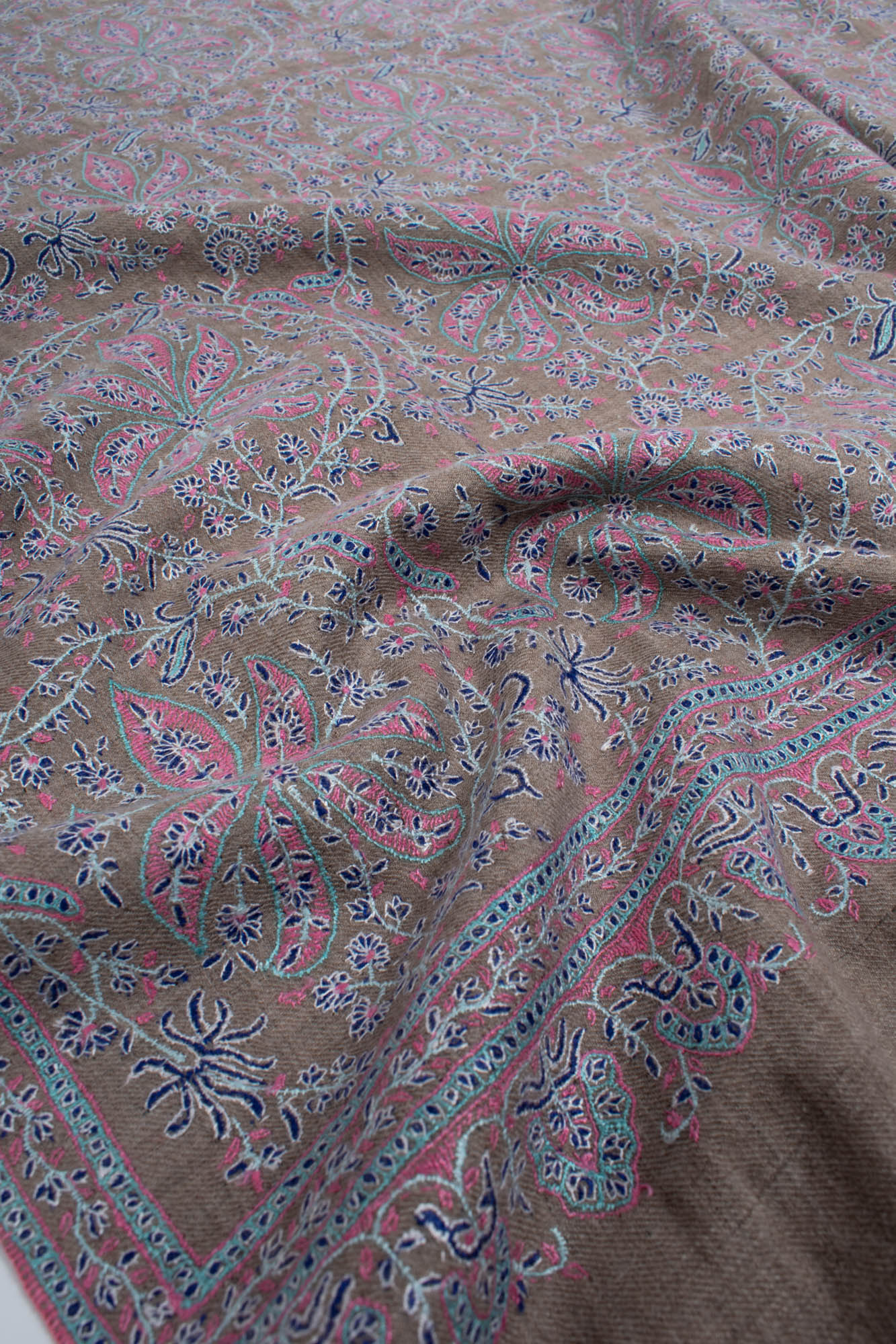 Blue and Beige Pure Pashmina Shawl With Sozni Embroidery - EDMONTON