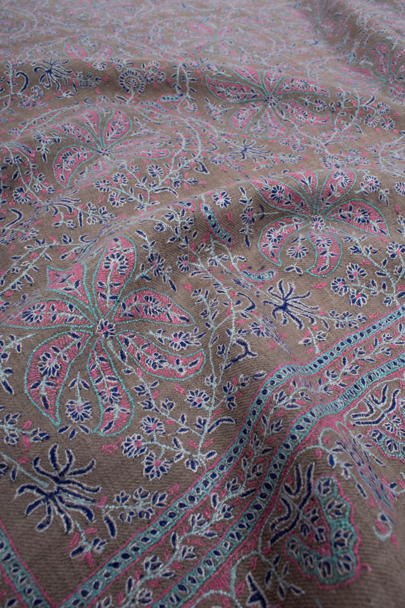 Blue and Beige Pure Pashmina Shawl With Sozni Embroidery - EDMONTON