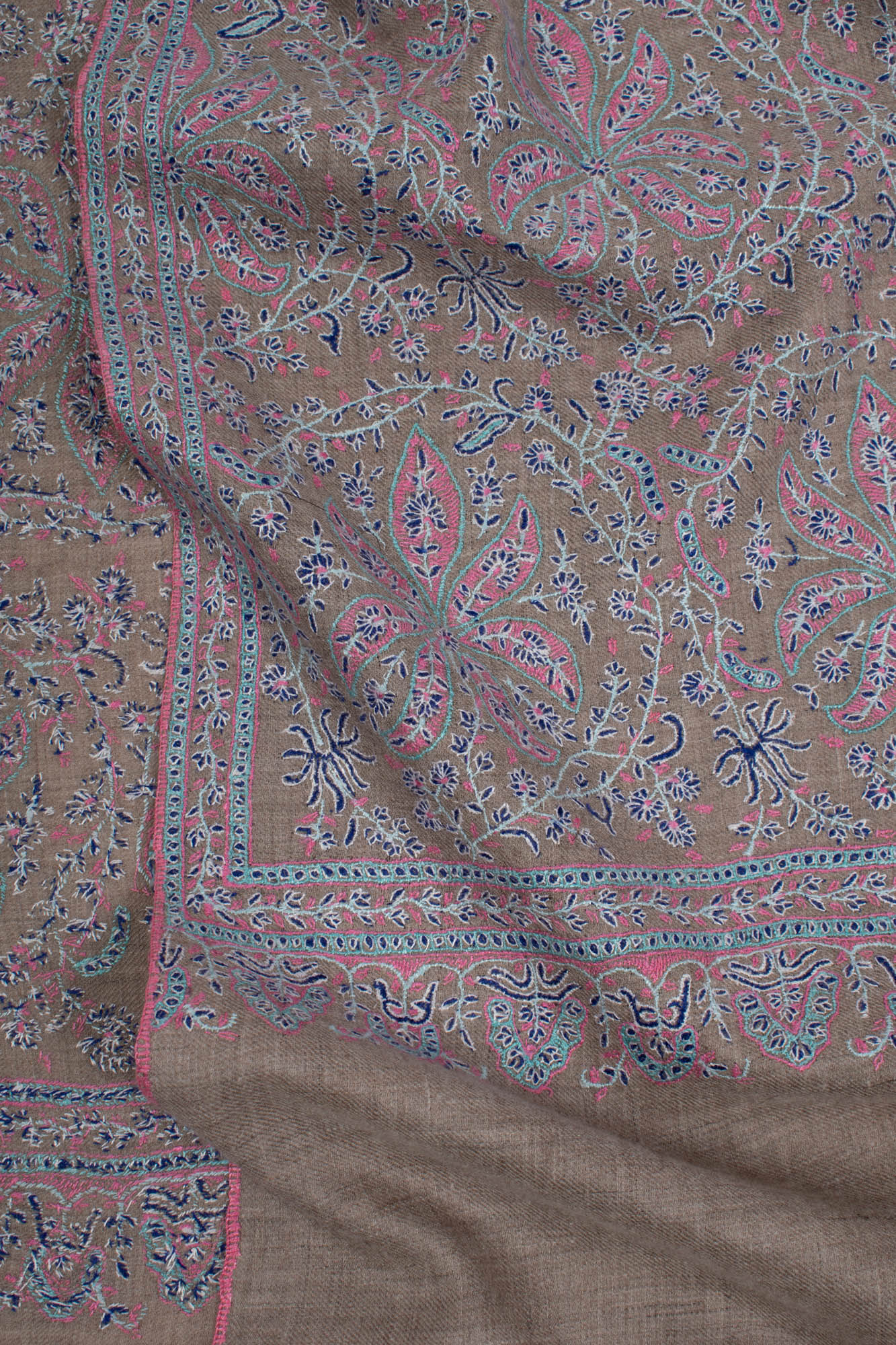 Blue and Beige Pure Pashmina Shawl With Sozni Embroidery - EDMONTON