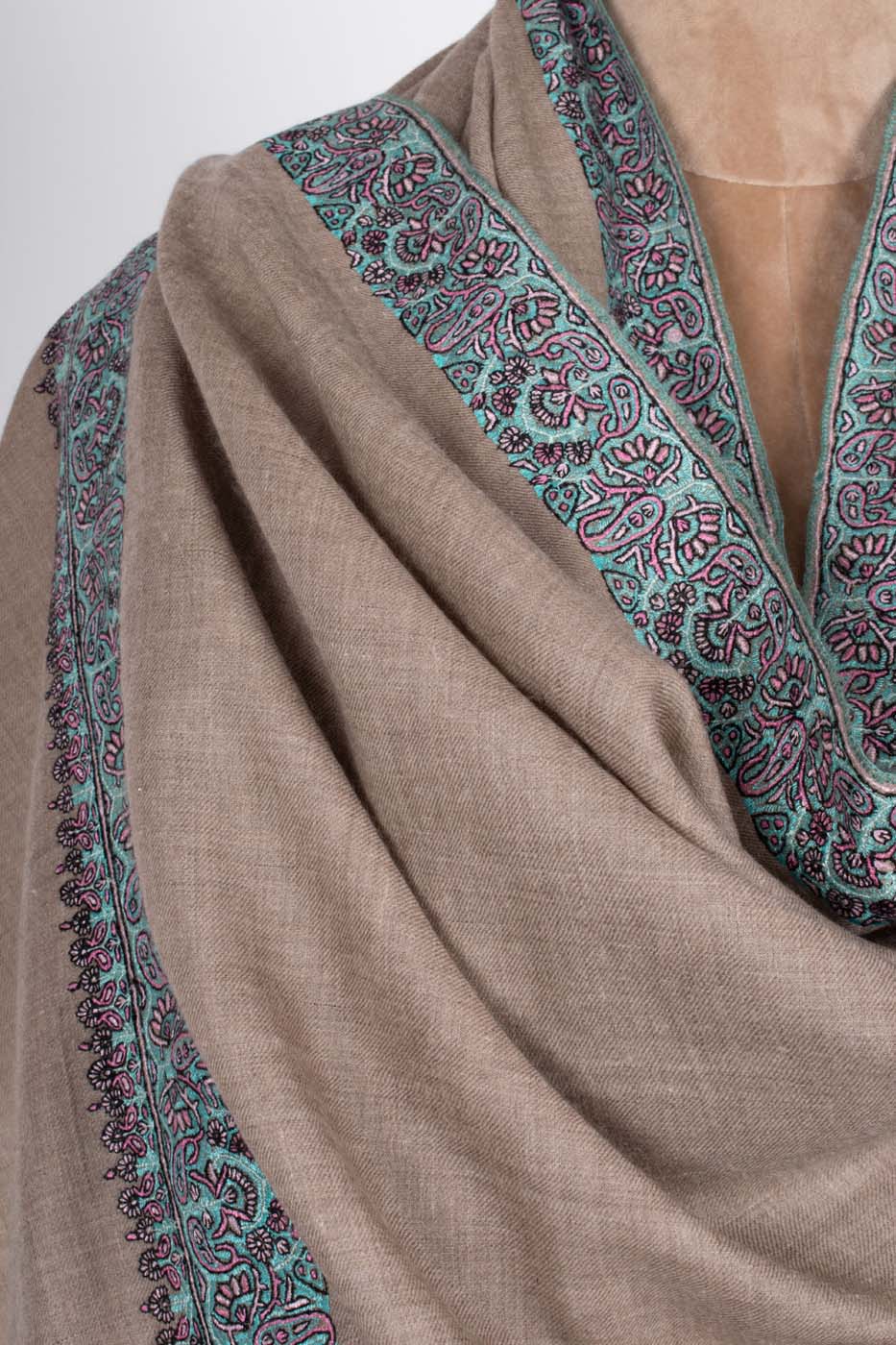 Sozni Embroidered Badum Pashmina Shawl Natural - PISA