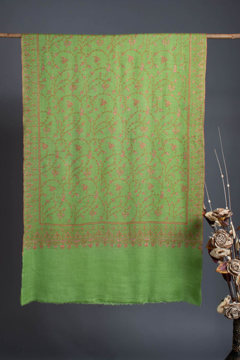 Sheen Green Cashmere Scarf Enhanced with Pink Hue Embroidery - HONDURAS