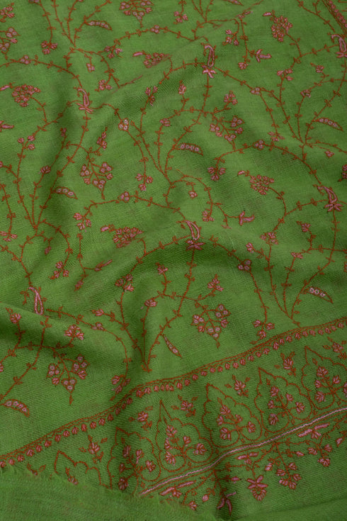 Sheen Green Cashmere Scarf Enhanced with Pink Hue Embroidery - HONDURAS