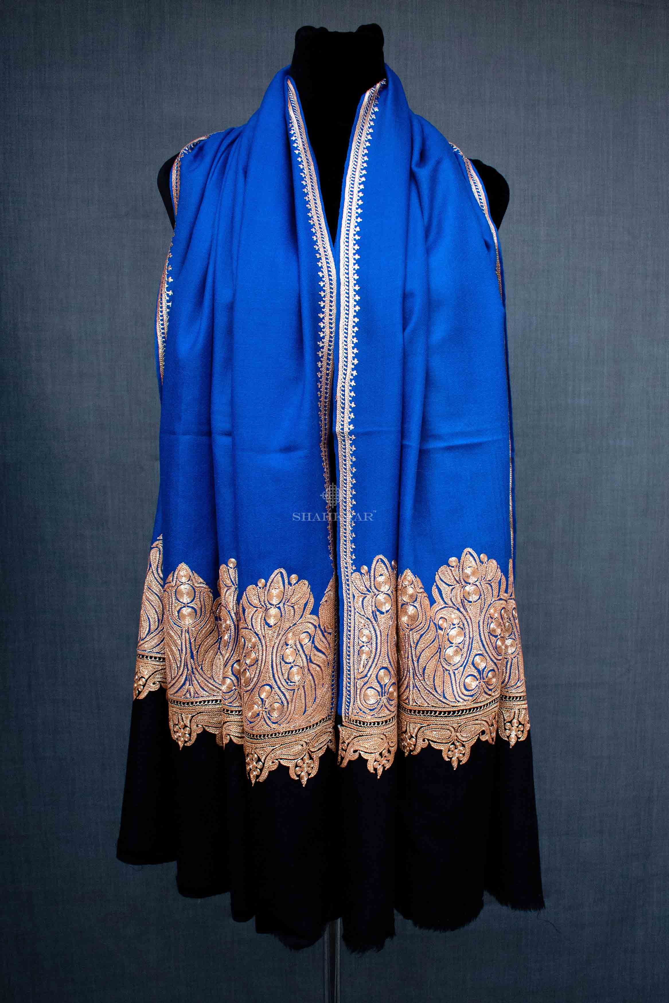 Shahkaar Metallic Tilla Black & Blue Cashmere Shawl wrapped on a dummy