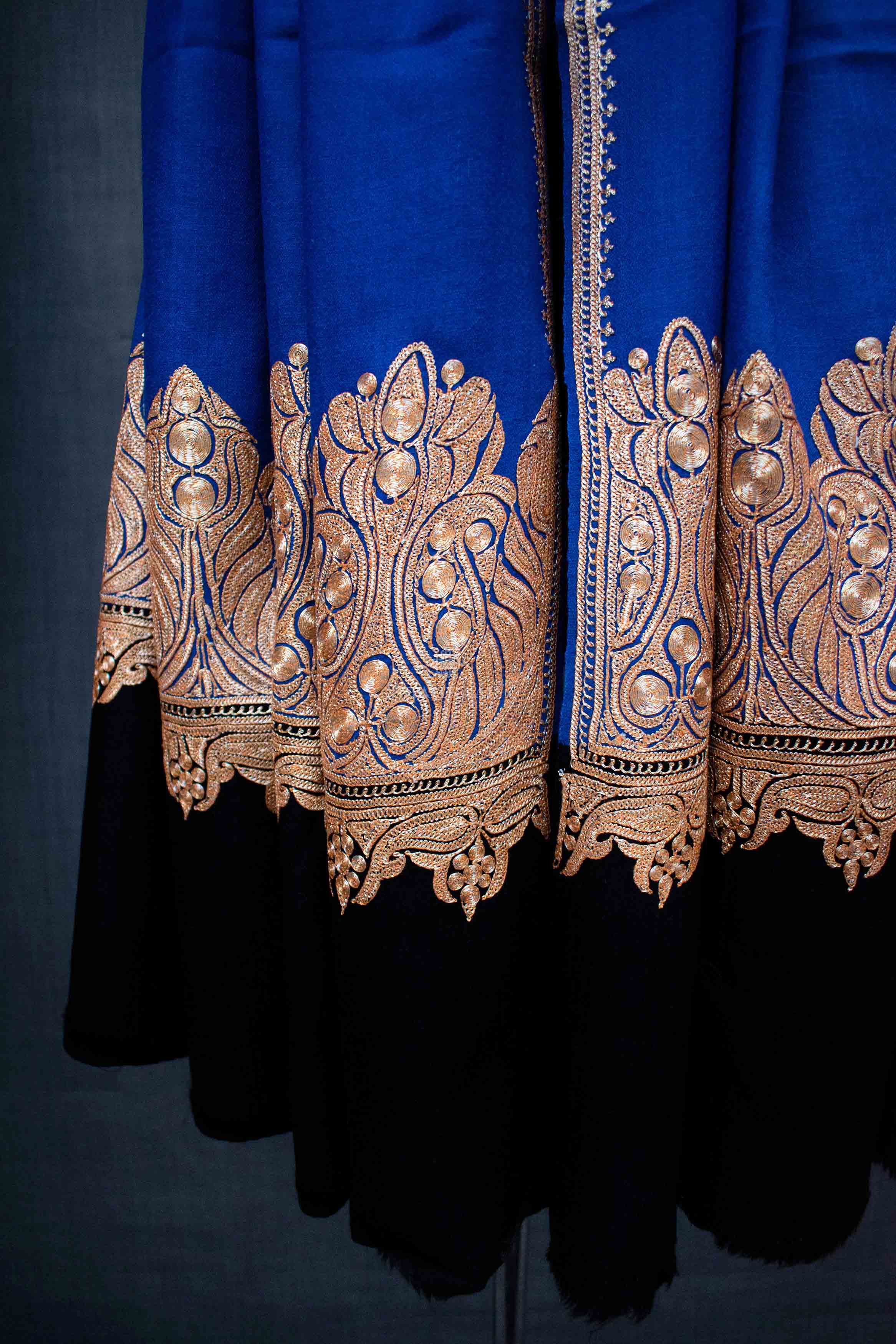 Shahkaar Metallic Tilla Black & Blue Cashmere Shawl (Zoomed image)