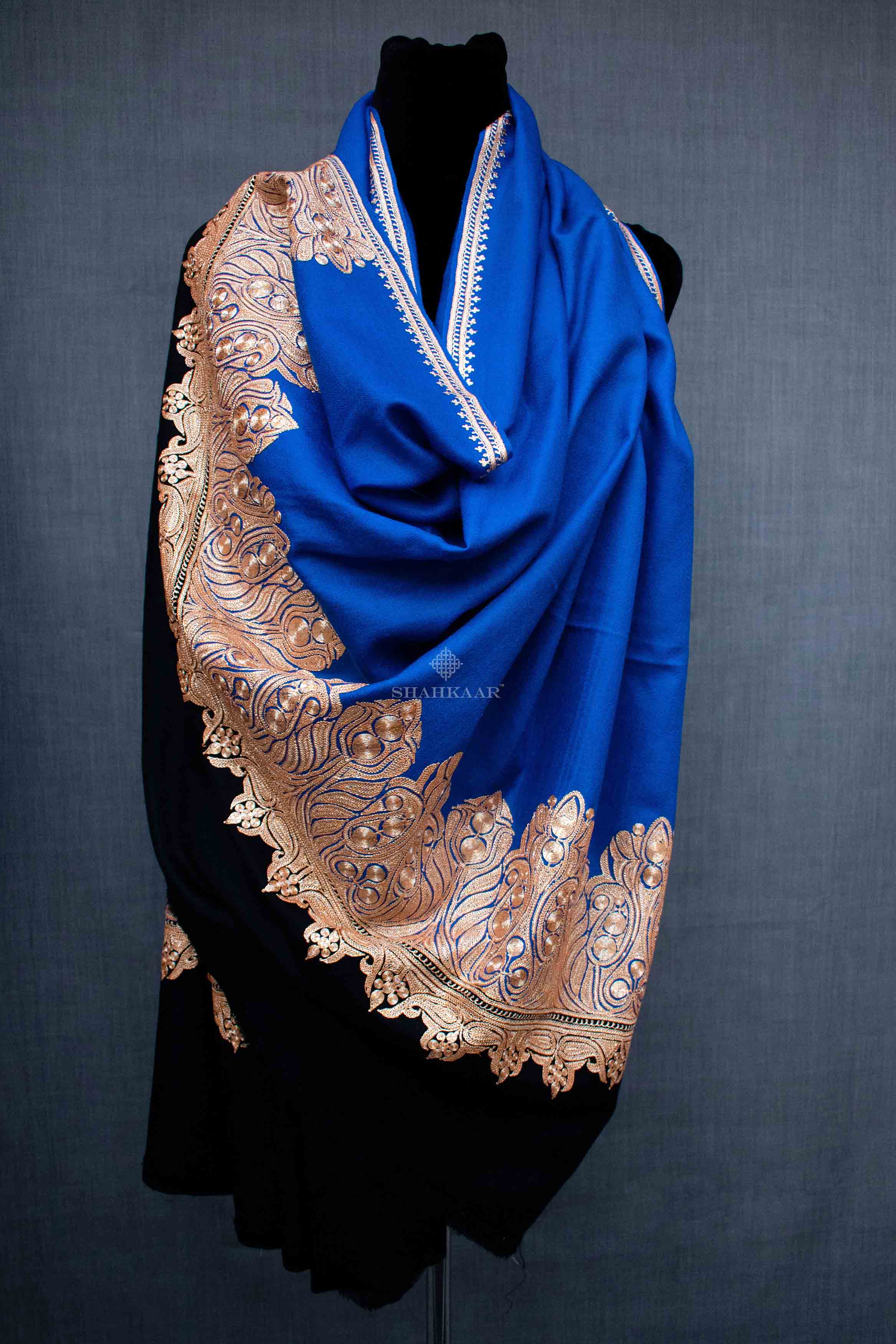 Shahkaar Metallic Tilla Black & Blue Cashmere Shawl wrapped on a dummy