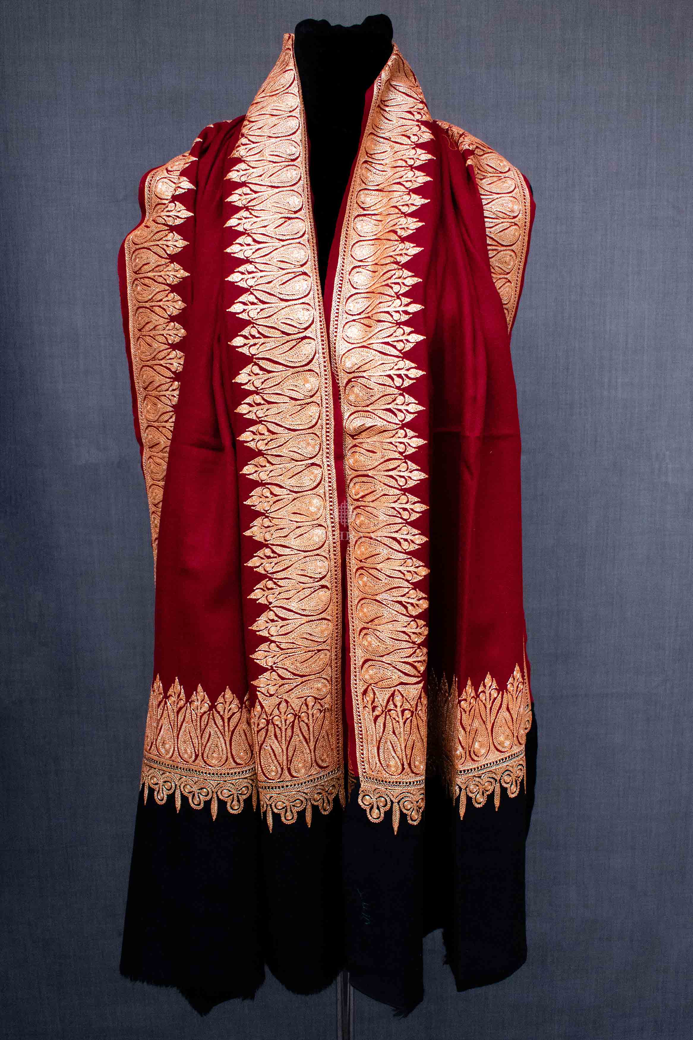 Shahkaar Metallic Tilla Black & Red Cashmere Shawl wrapped on a dummy