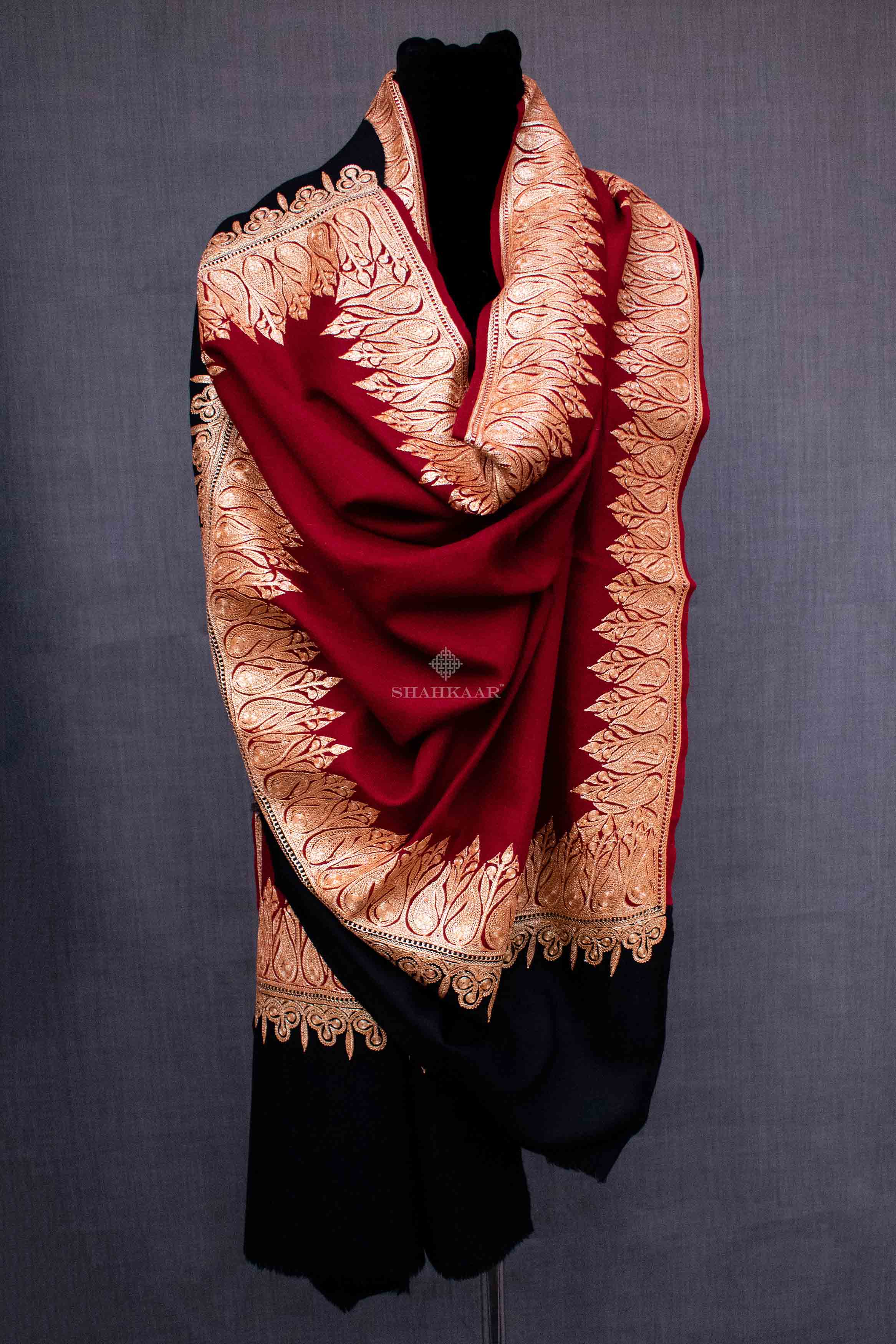 Shahkaar Metallic Tilla Black & Red Cashmere Shawl wrapped on a dummy