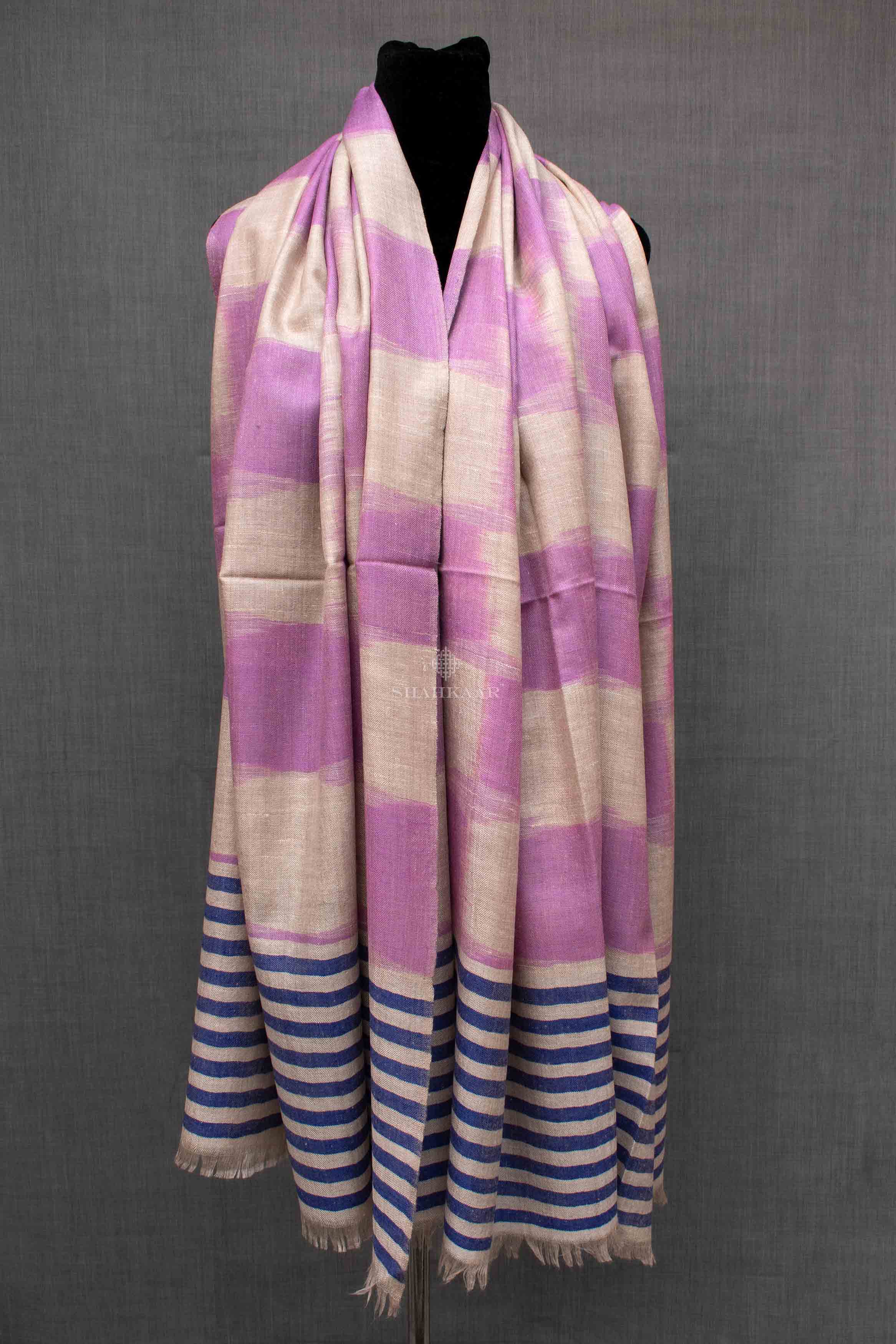 Shahkaar Space Dyed Blue & Lilac Cashmere Shawl wrapped on a dummy