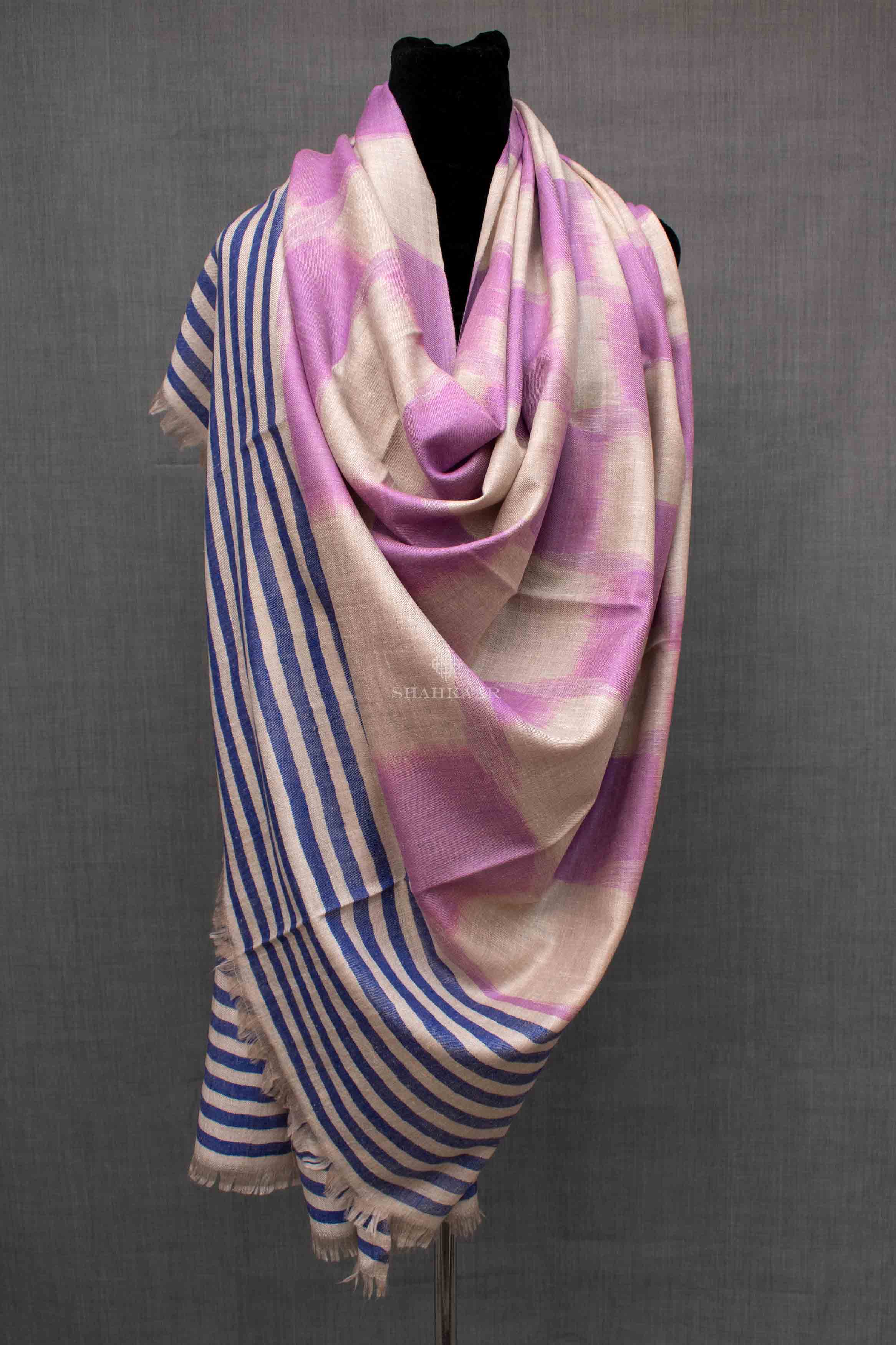 Shahkaar Space Dyed Blue & Lilac Cashmere Shawl wrapped on a dummy