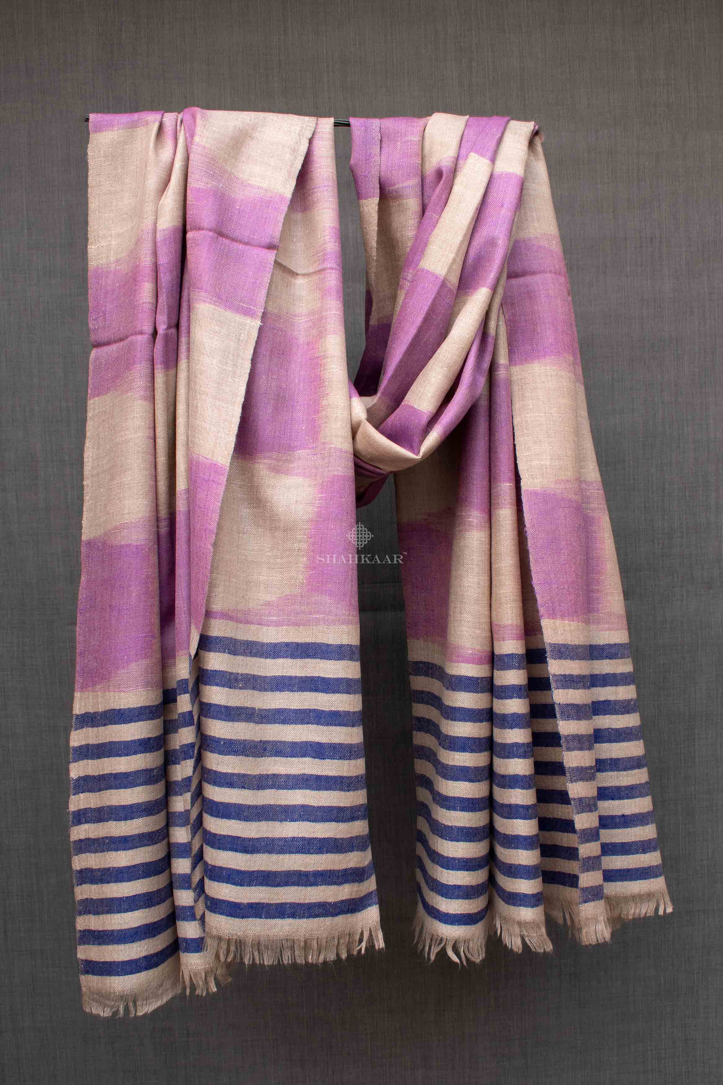 Shahkaar Space Dyed Blue & Lilac Cashmere Shawl hanged on a rope