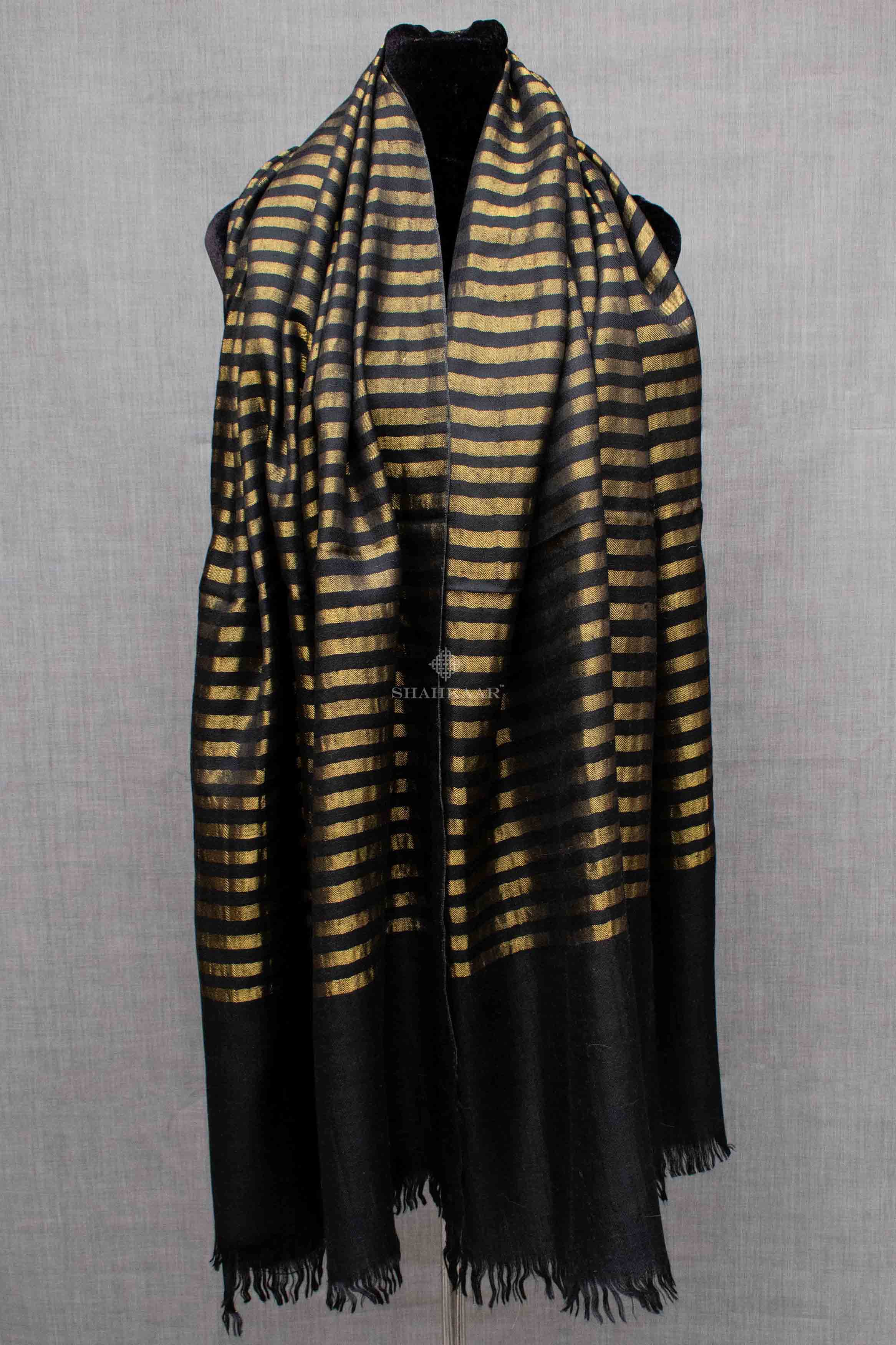 Shahkaar Stripped Black & Golden Cashmere Shawl Zari wrapped around dummy