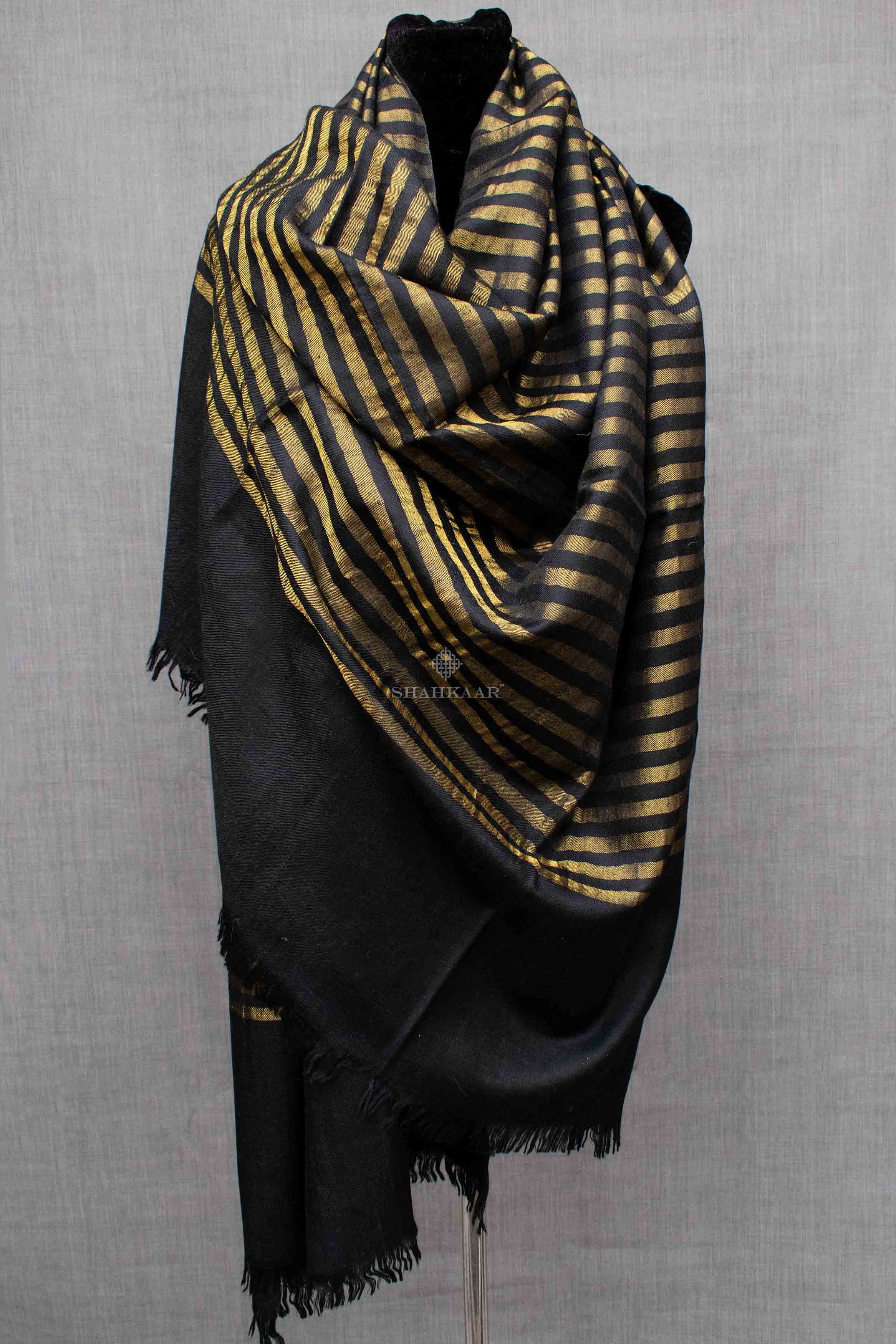 Shahkaar Stripped Black & Golden Cashmere Zari Shawl wrapped around dummy