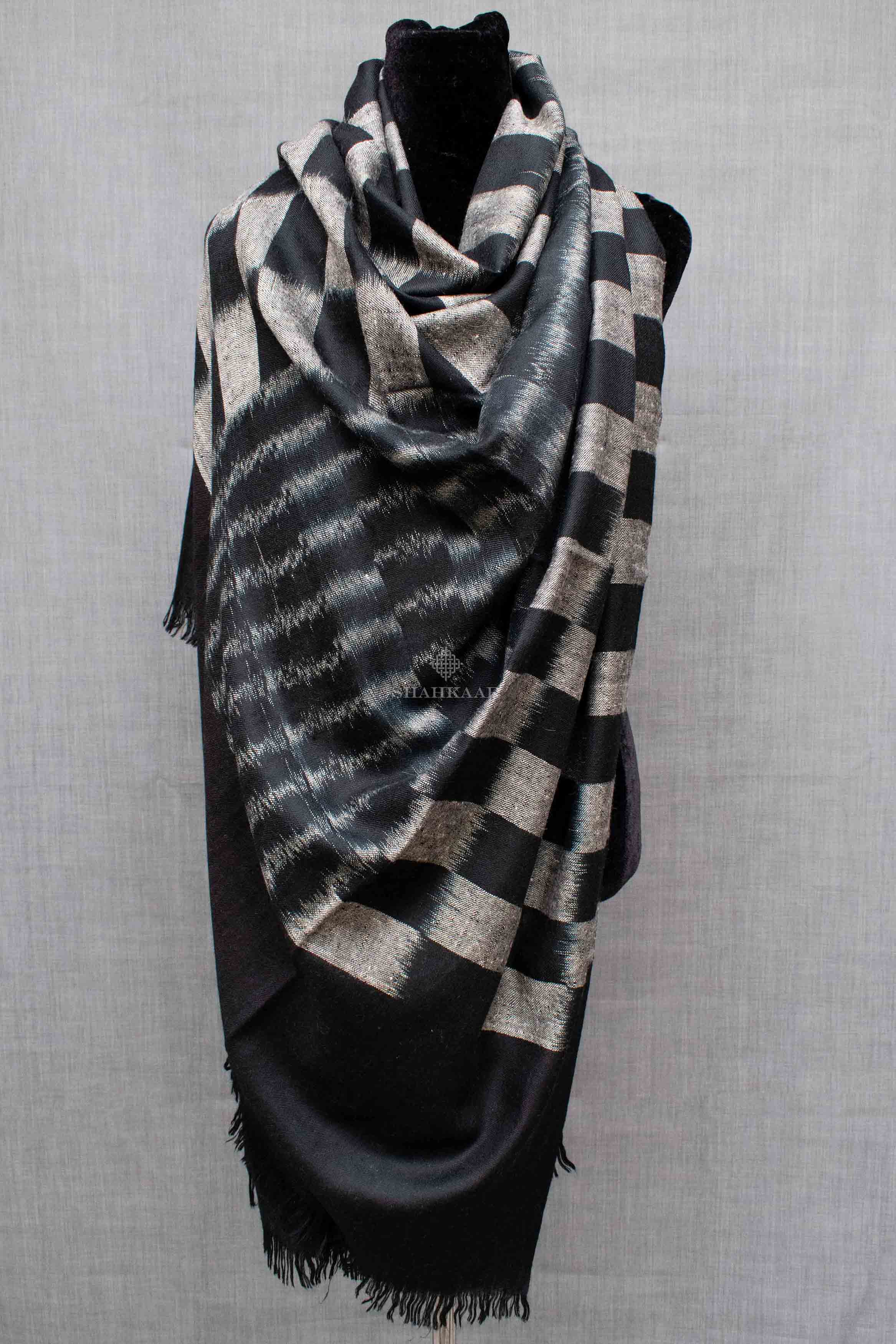 Shahkaar Space Dyed Black & White Cashmere Shawl wrapped around dummy