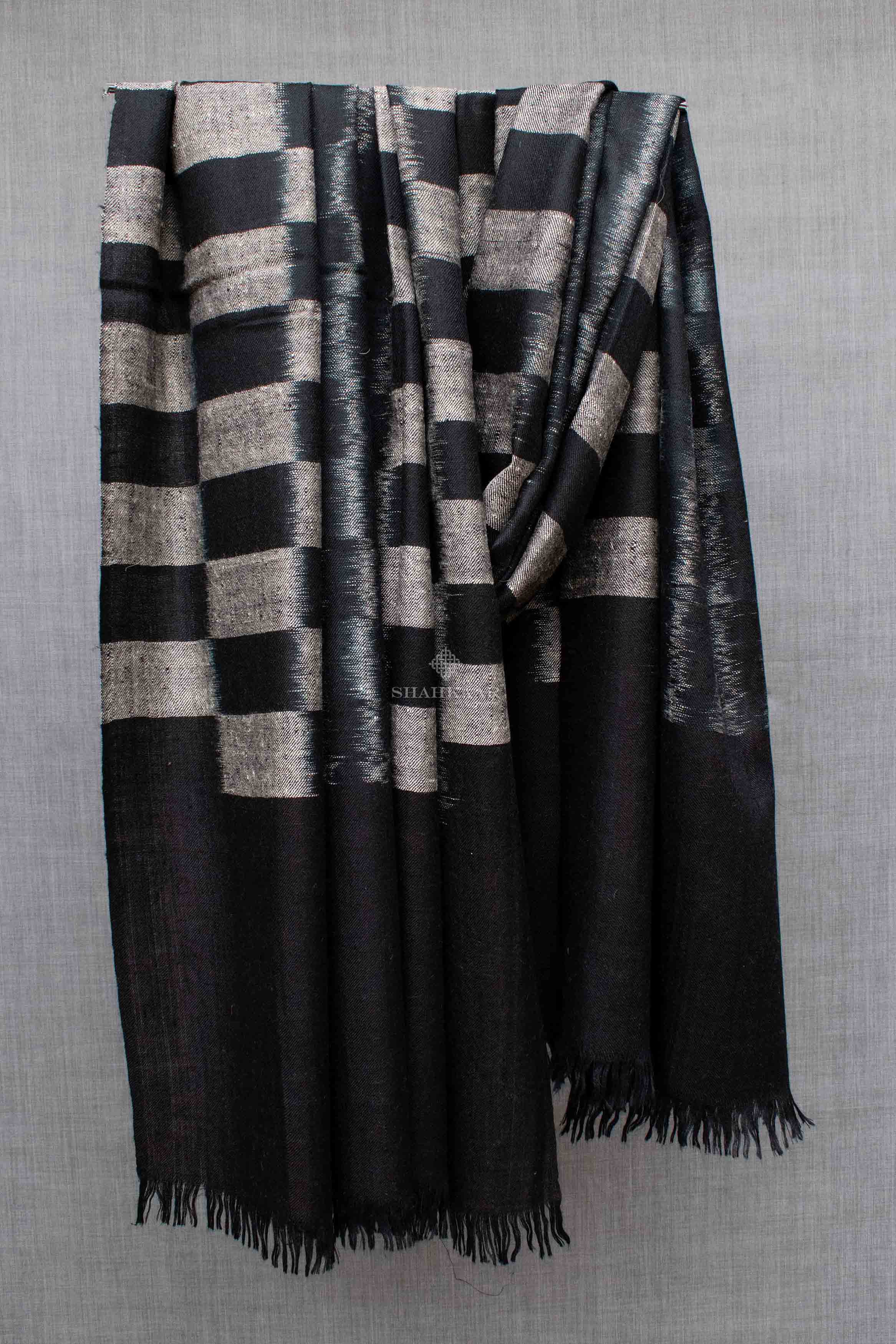 Shahkaar Space Dyed Black & White Cashmere Shawl hanged on a rope