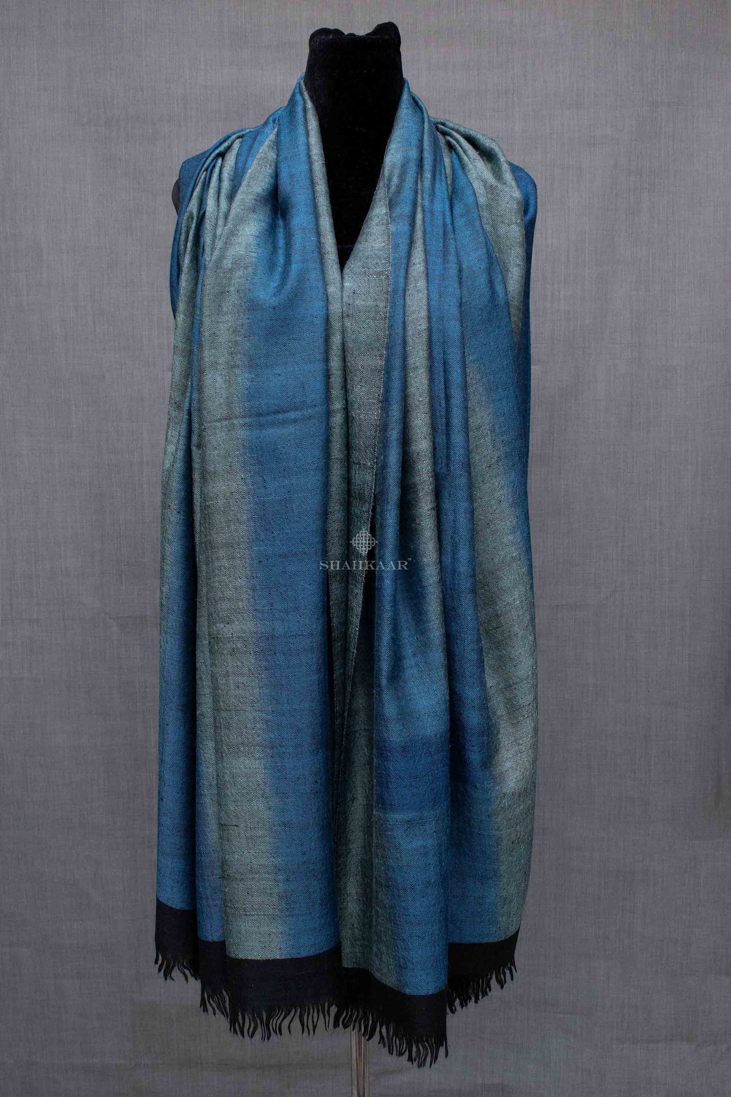 Shahkaar Space Dyed Black & Blue Cashmere Shawl wrapped on a dummy