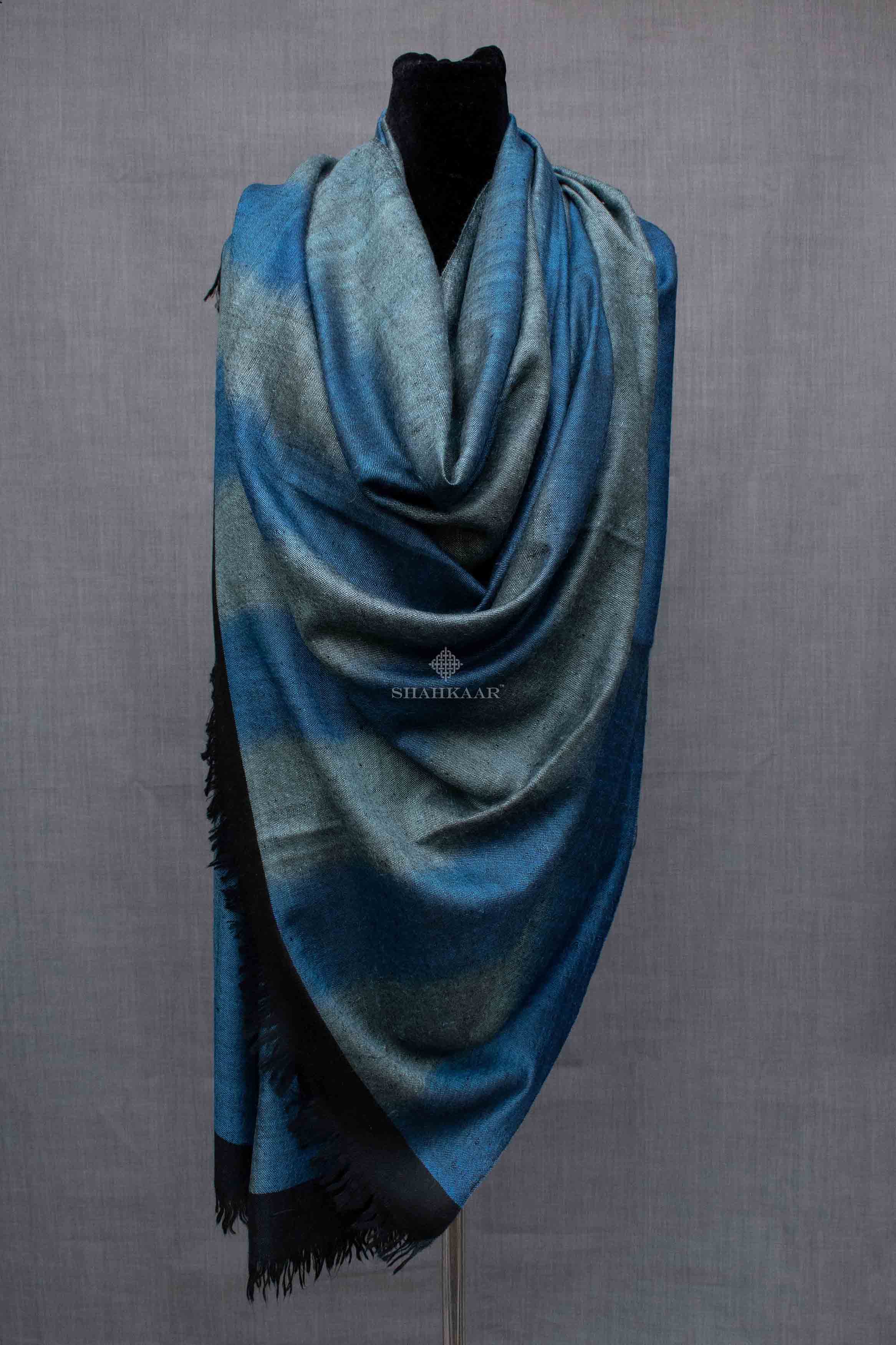 Shahkaar Space Dyed Black & Blue Cashmere Shawl wrapped on a dummy