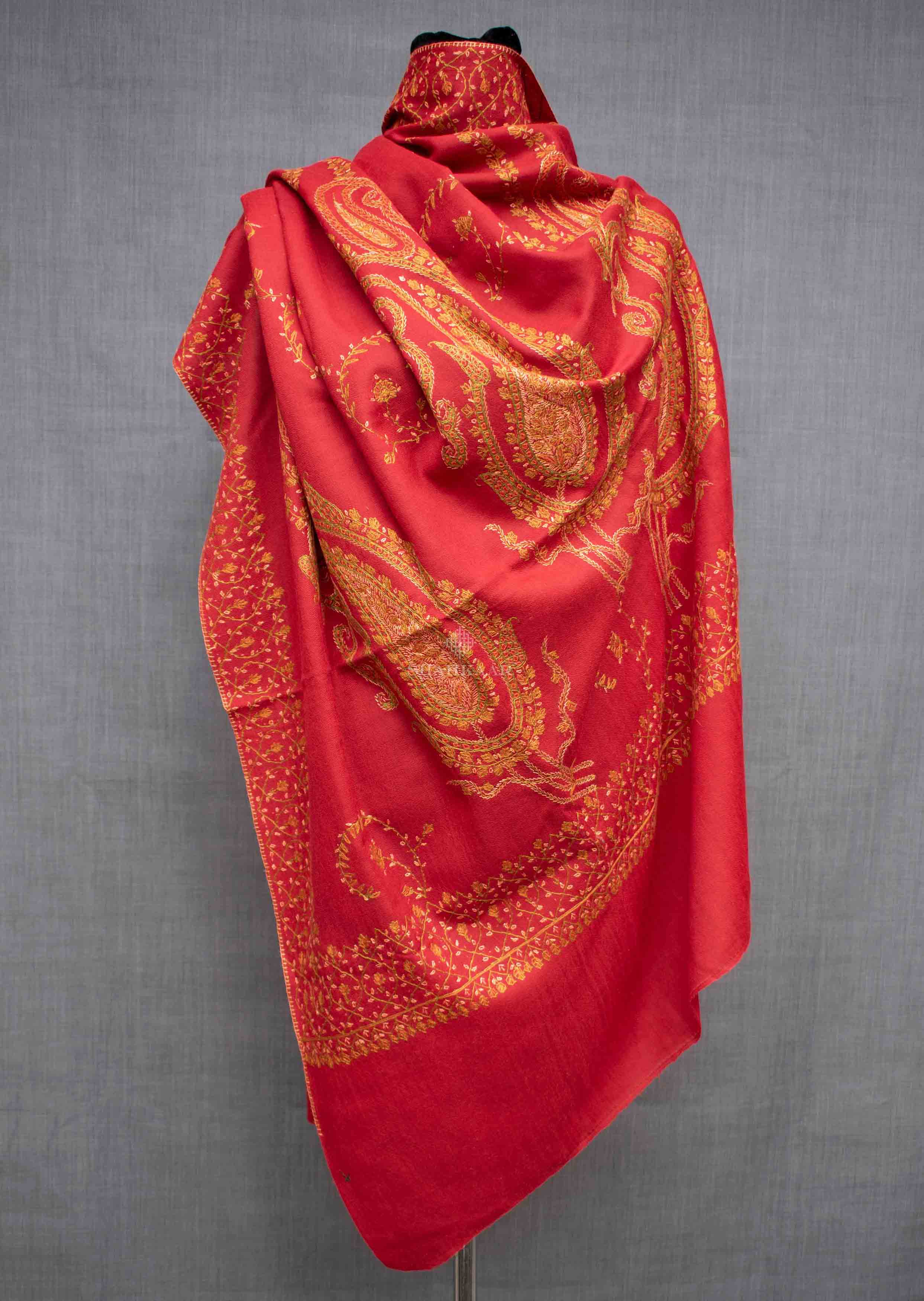 Shahkaar Embroidered Red & Coral Woollen Shawl wrapped on a dummy