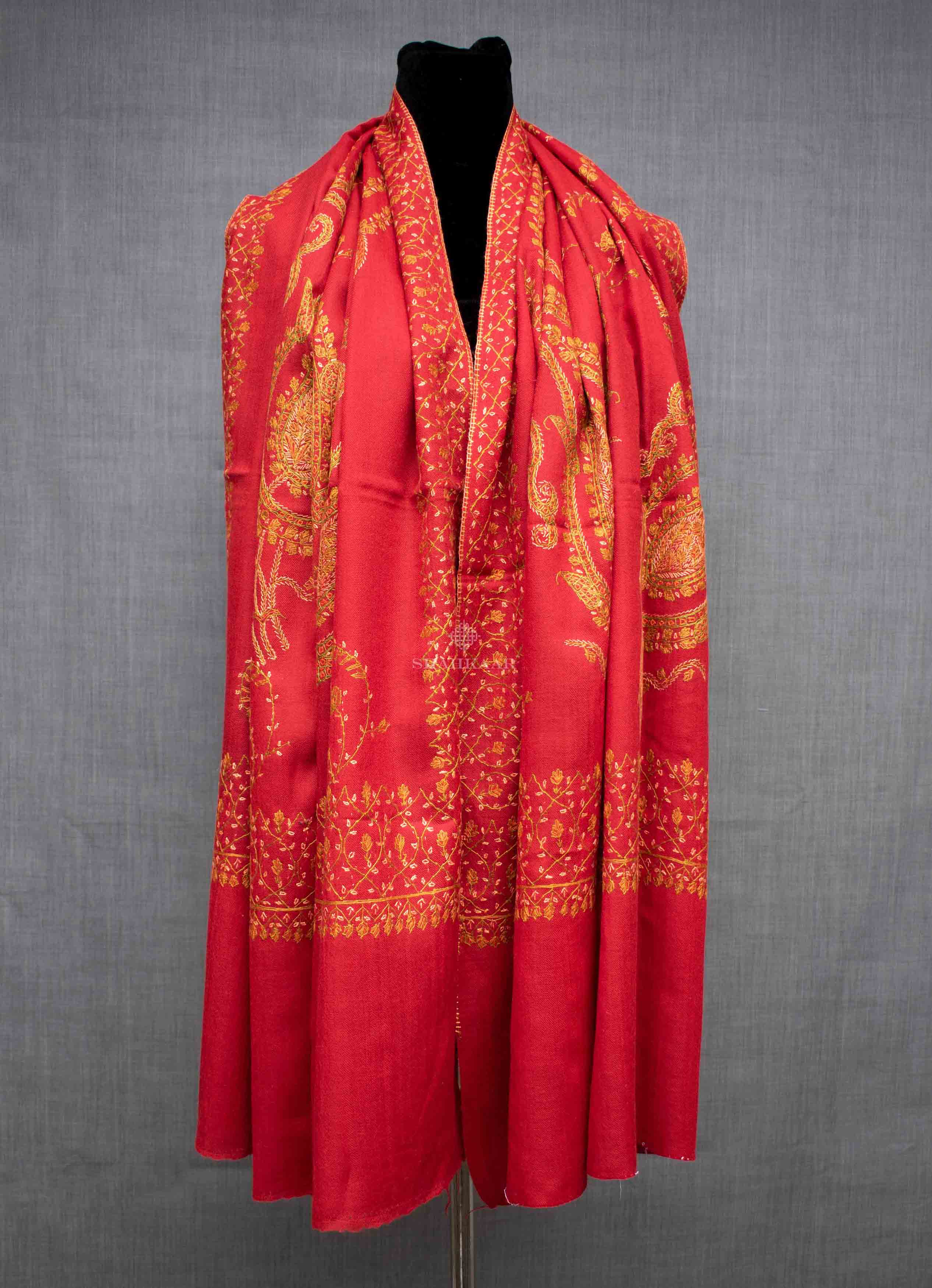 Shahkaar Embroidered Red & Coral Woollen Shawl wrapped on a dummy